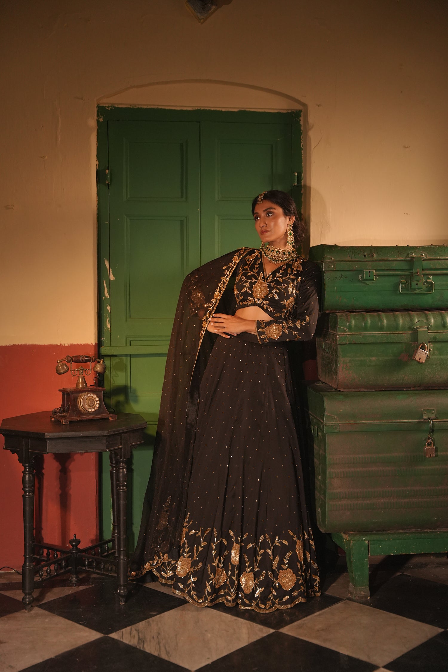Nafisa Black Silk Chanderi Lehenga Set
