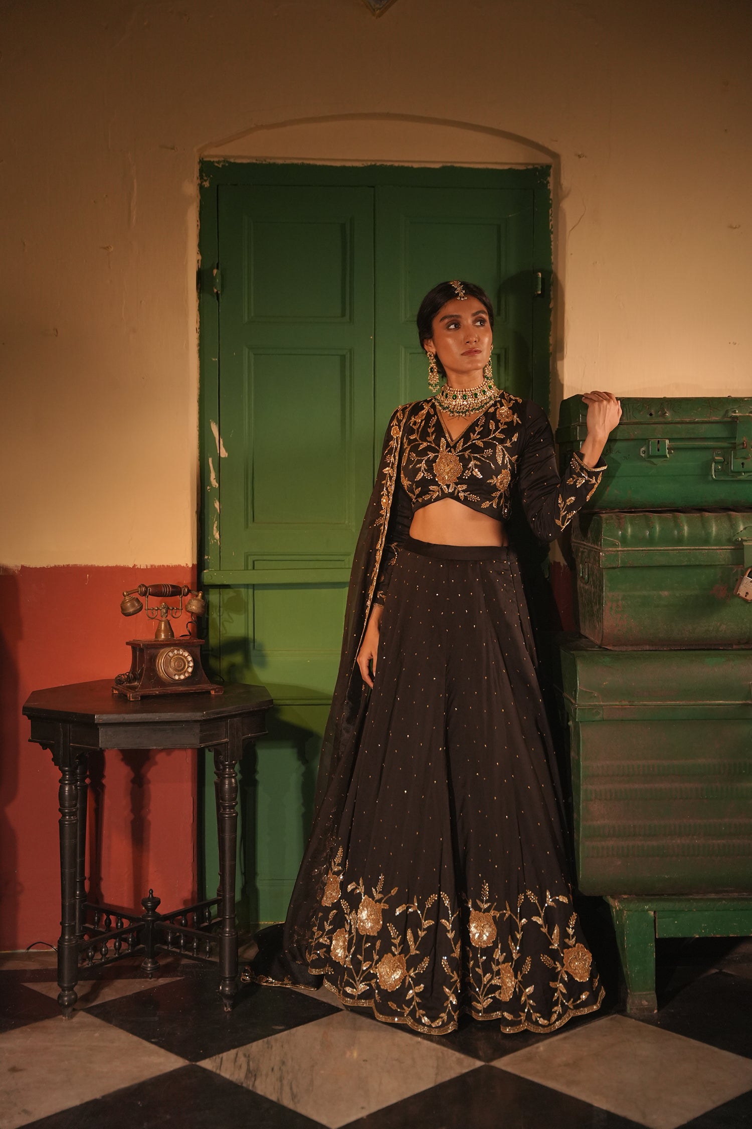 Nafisa Black Silk Chanderi Lehenga Set
