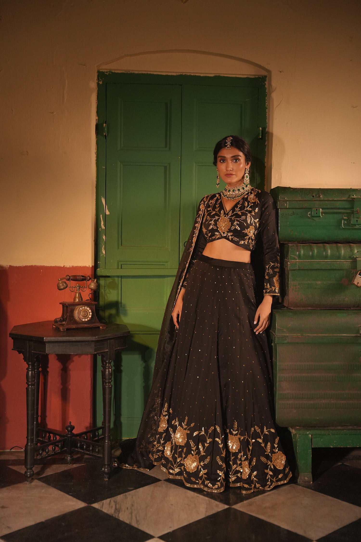 Nafisa Black Silk Chanderi Lehenga Set