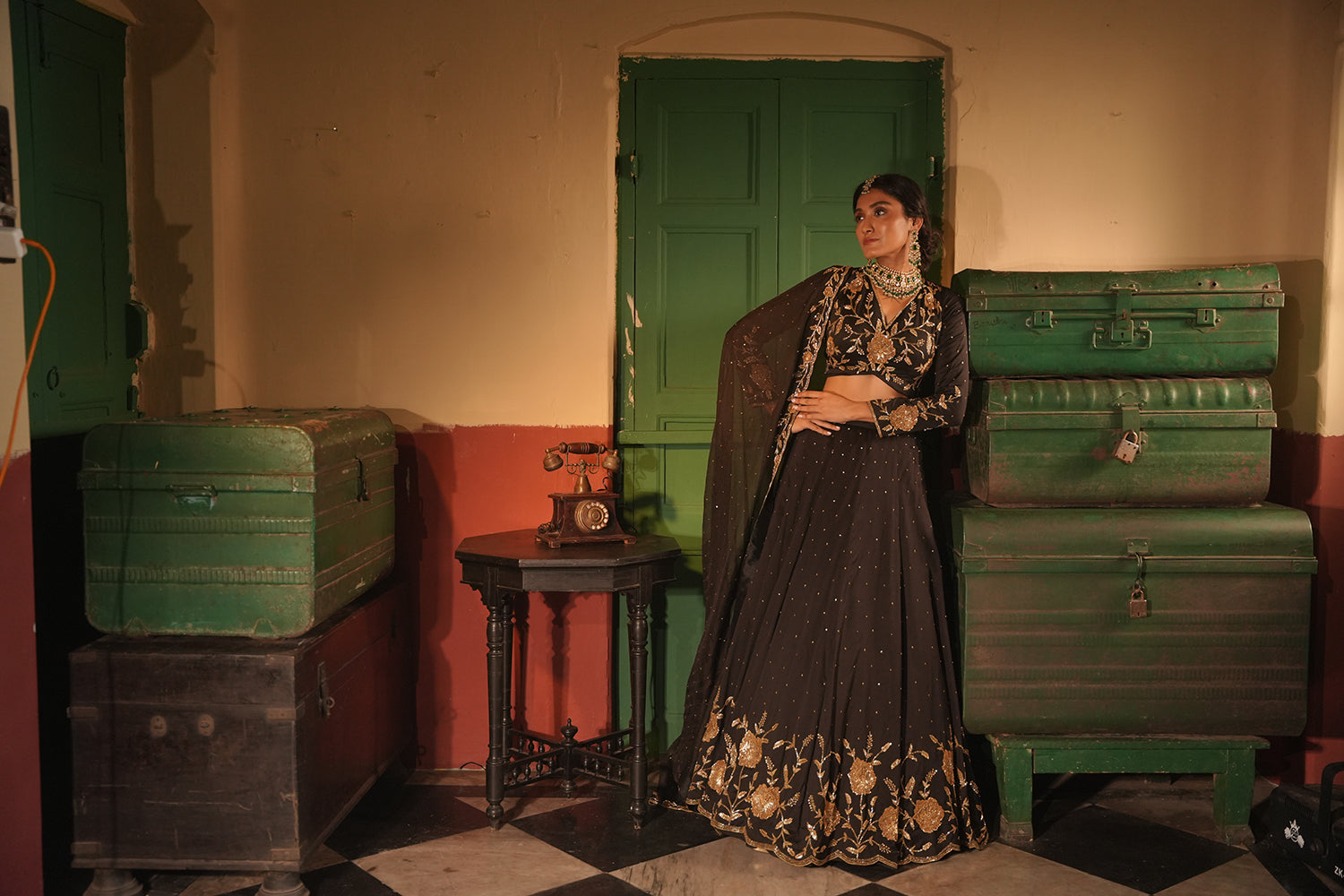 Nafisa Black Silk Chanderi Lehenga Set