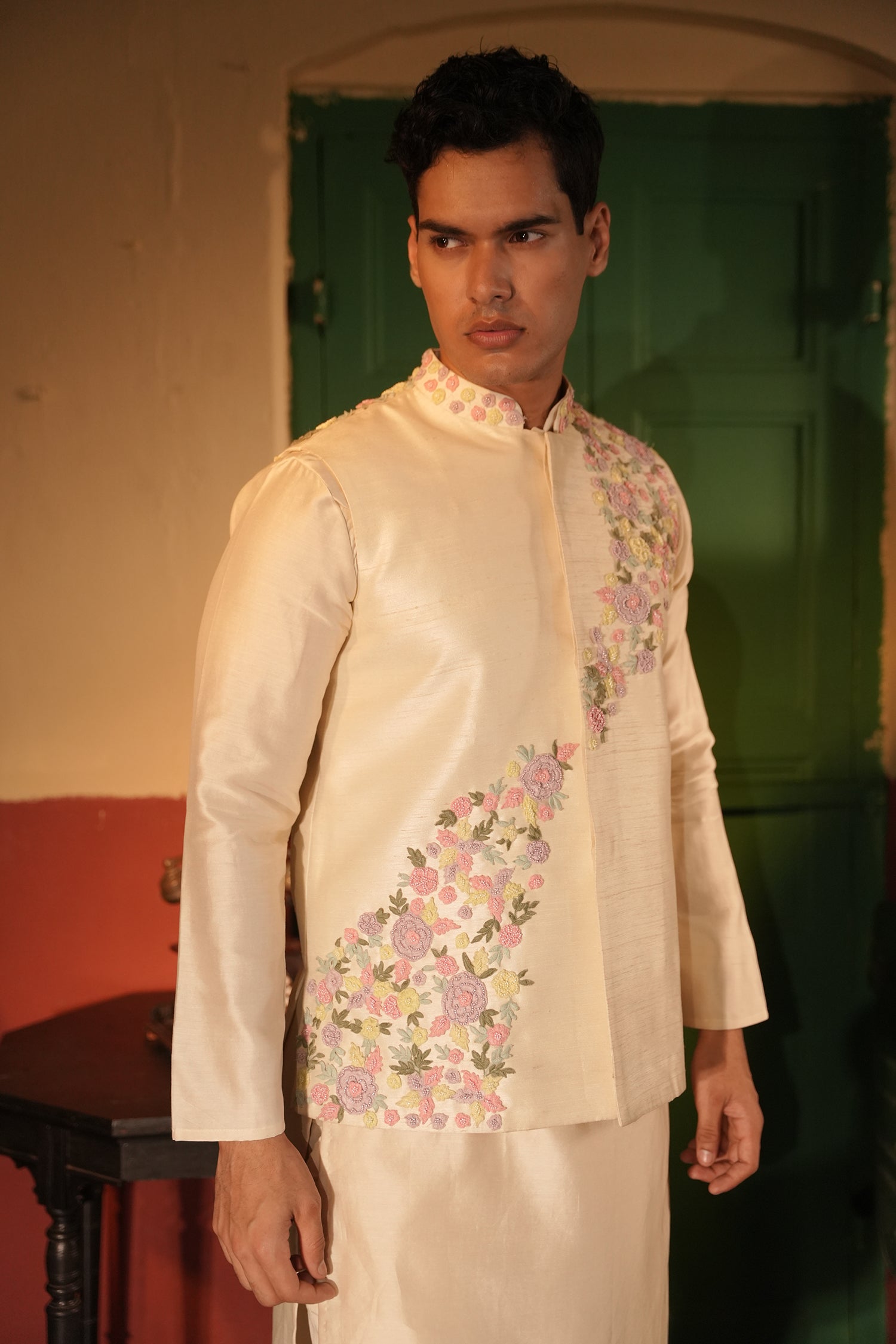 Ibrahim Off White Rawsilk Bandi Set