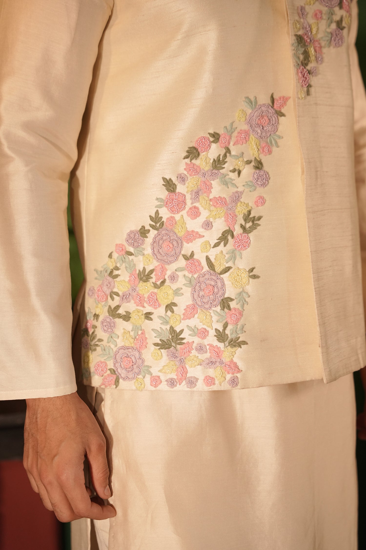 Ibrahim Off White Rawsilk Bandi Set