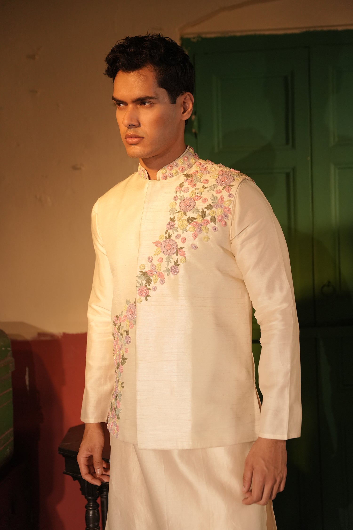 Ibrahim Off White Rawsilk Bandi Set