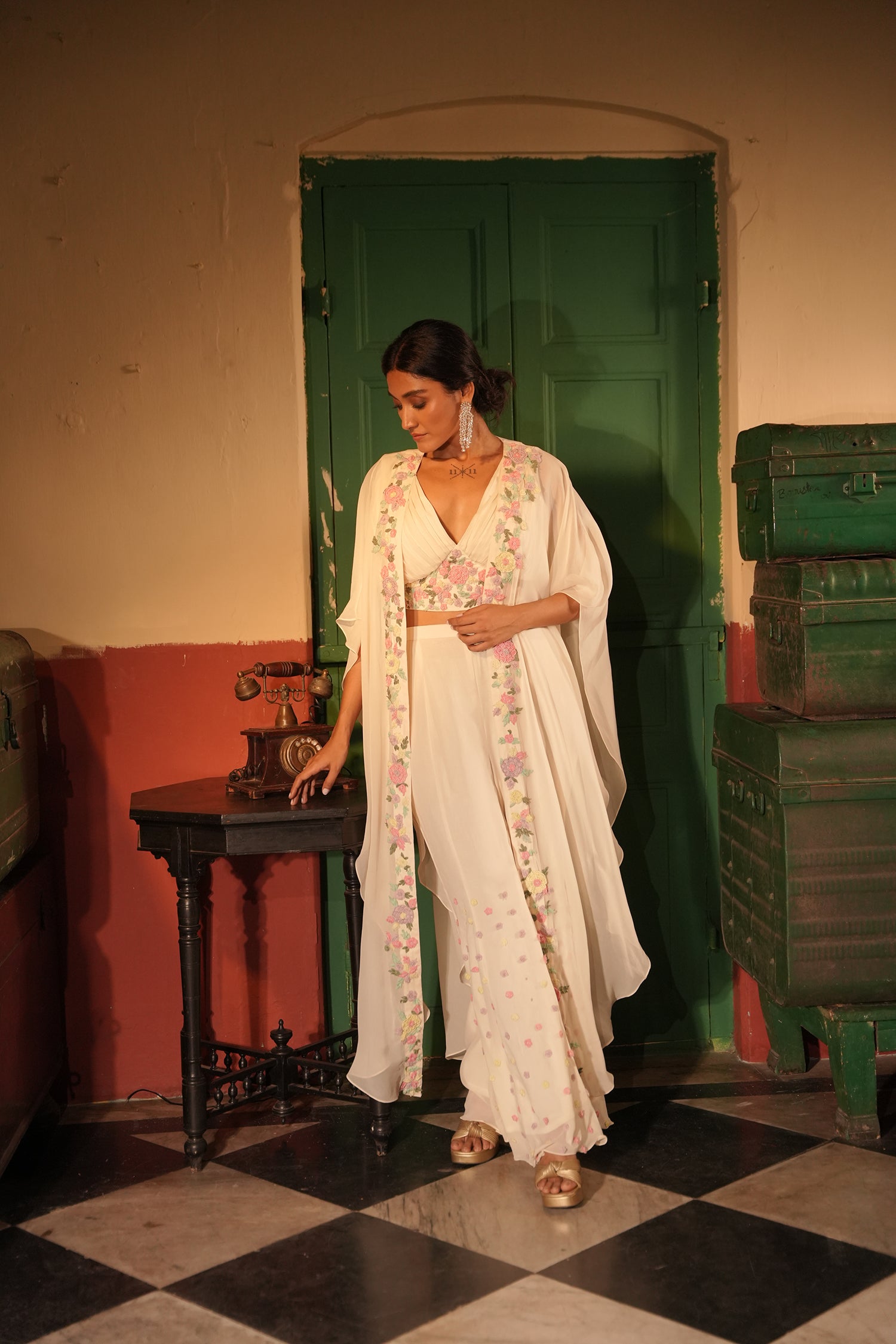 Eira Off White Georgette Cape Set