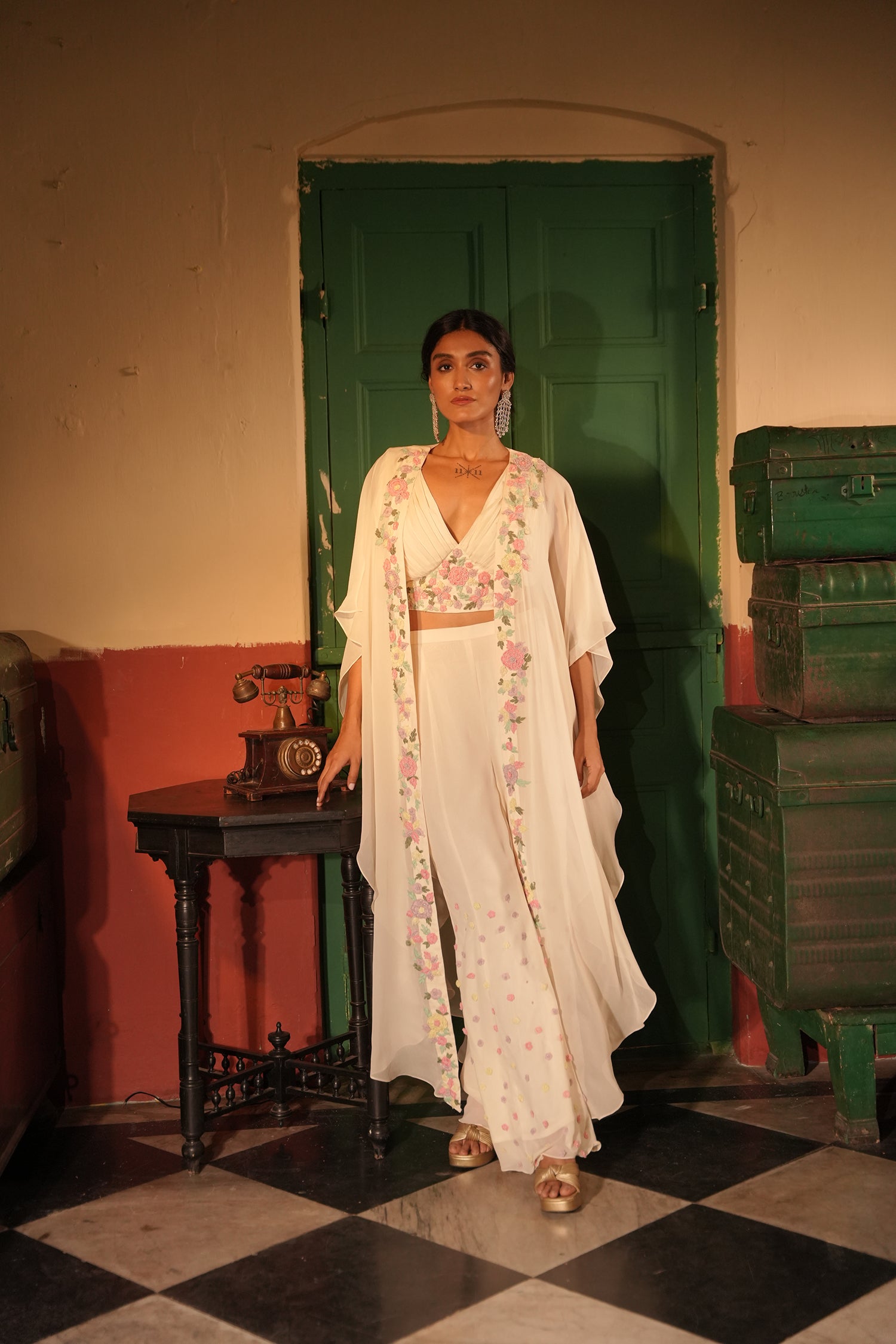 Eira Off White Georgette Cape Set