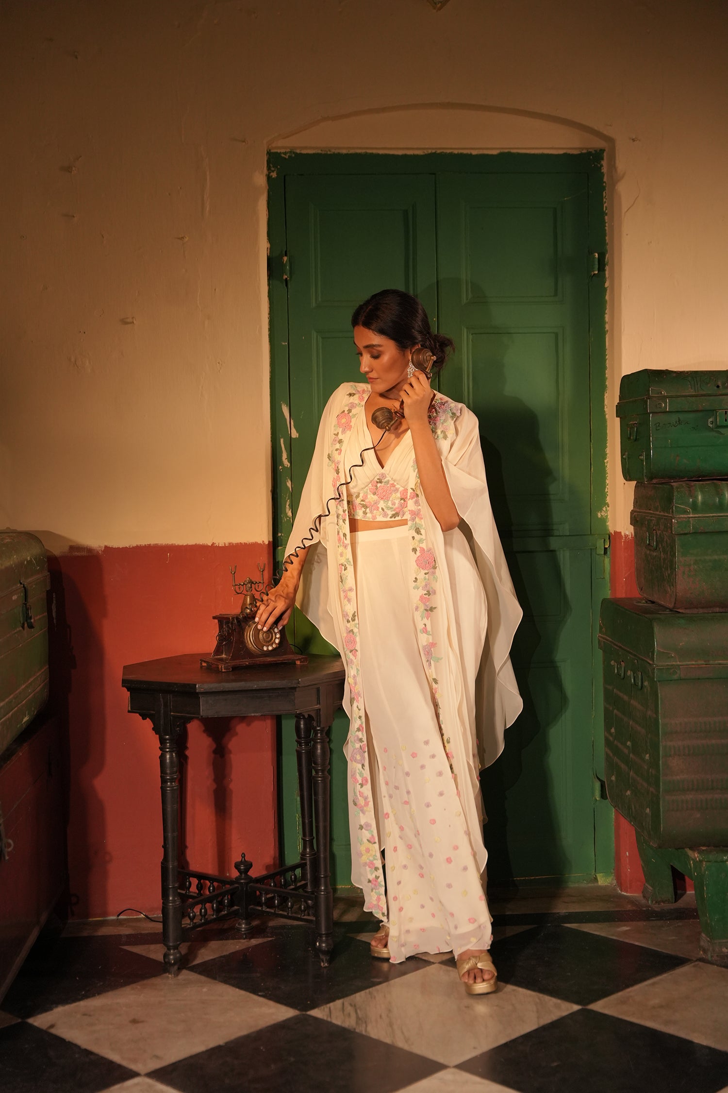 Eira Off White Georgette Cape Set