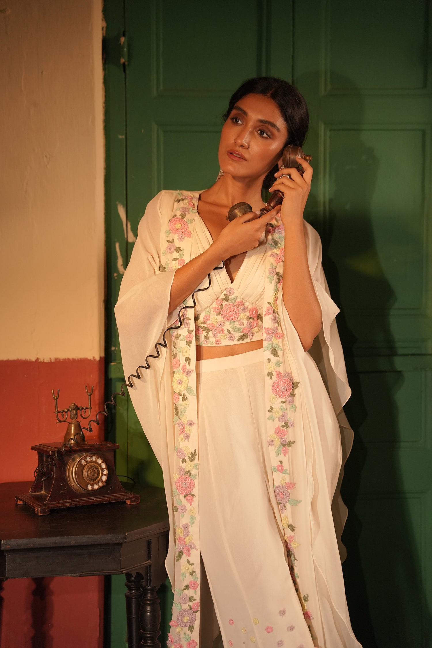 Eira Off White Georgette Cape Set