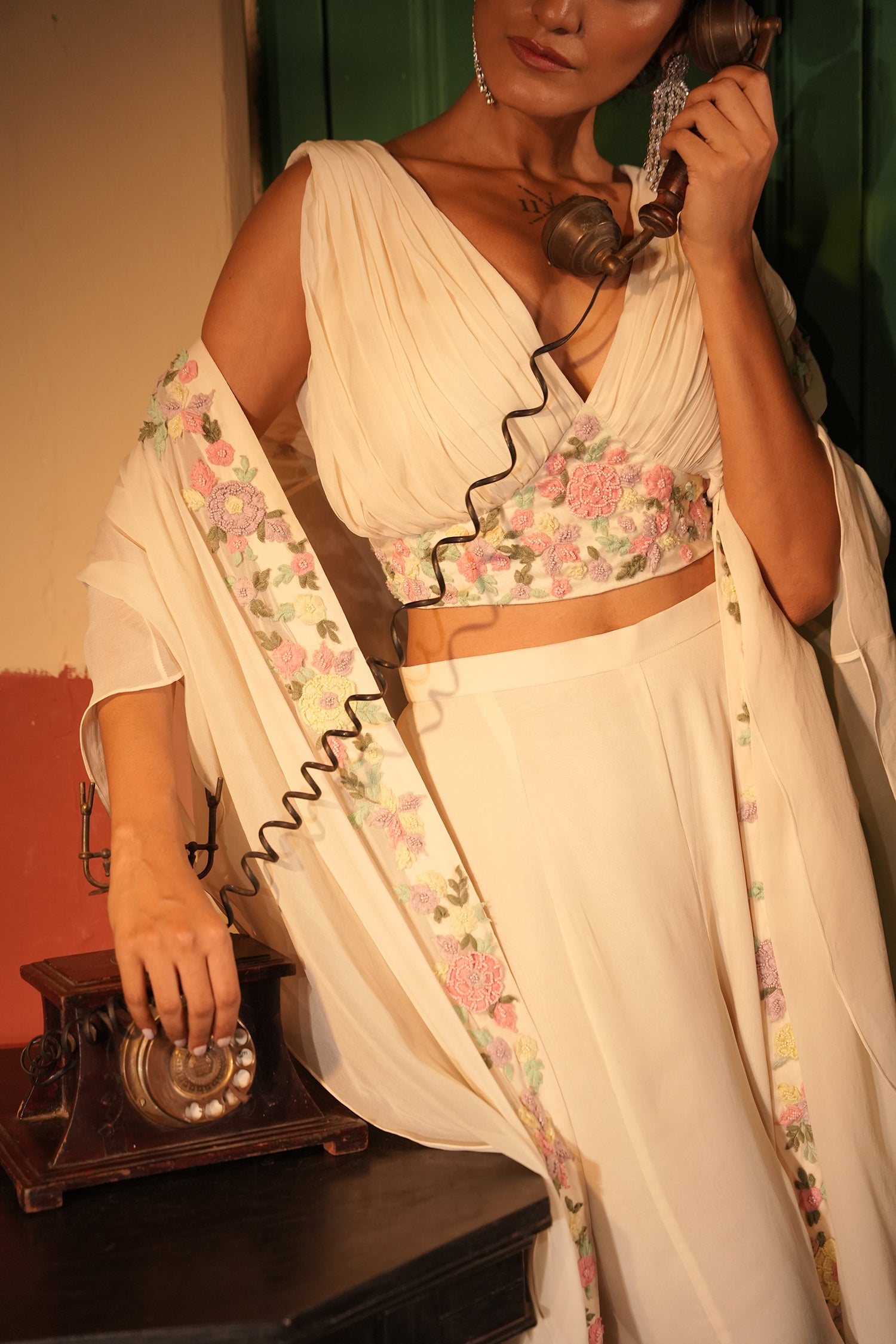 Eira Off White Georgette Cape Set