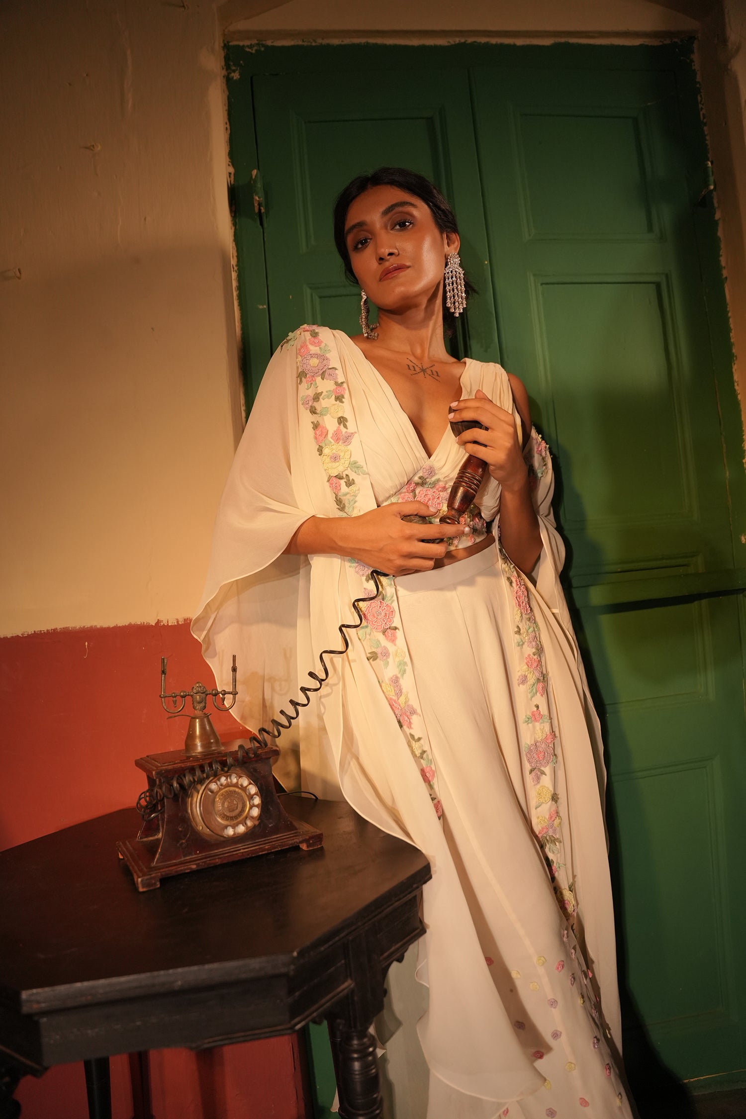 Eira Off White Georgette Cape Set