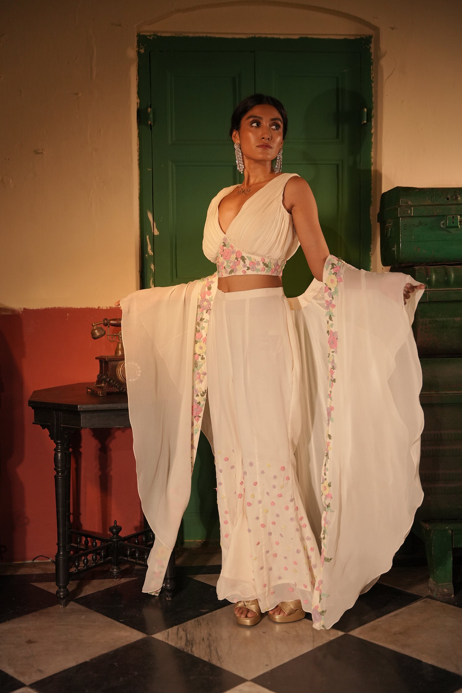 Eira Off White Georgette Cape Set