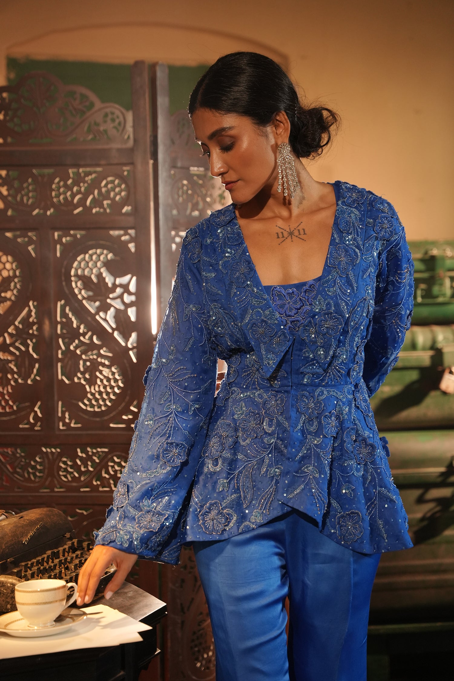 Faiza Blue Applique Emb Drape Skirt Set