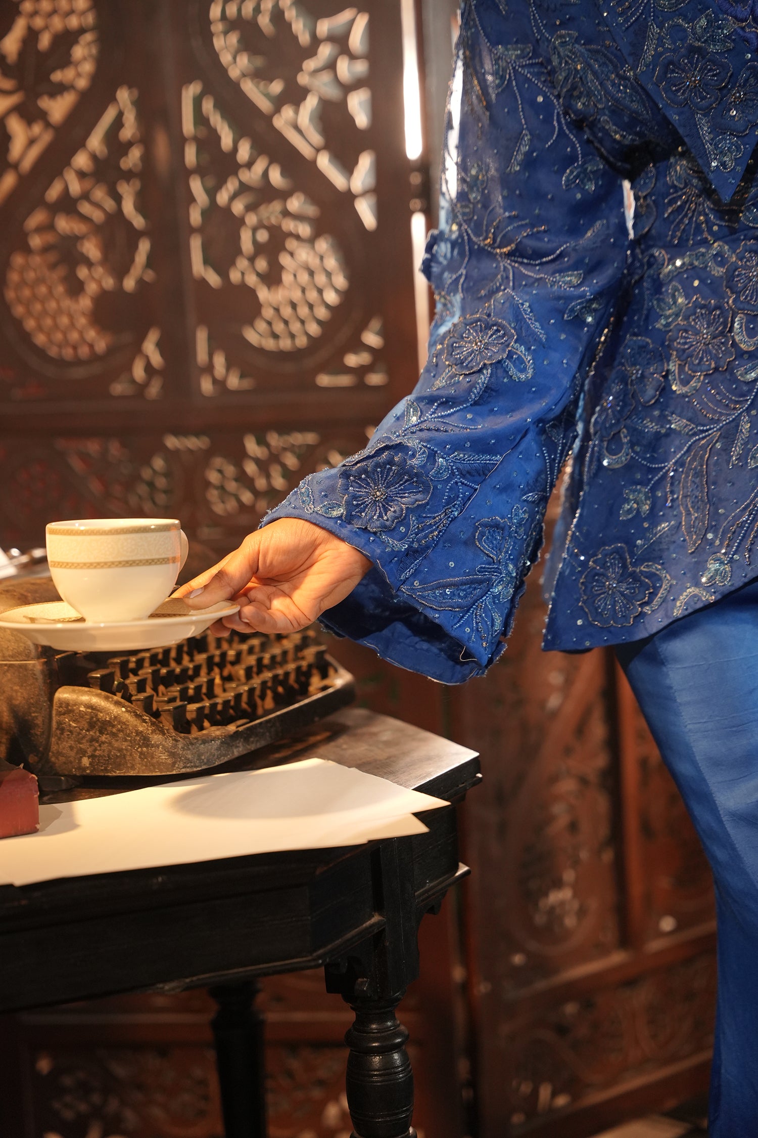 Faiza Blue Applique Emb Drape Skirt Set