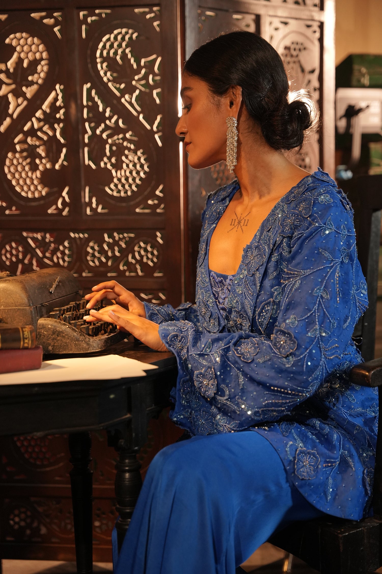 Faiza Blue Applique Emb Drape Skirt Set