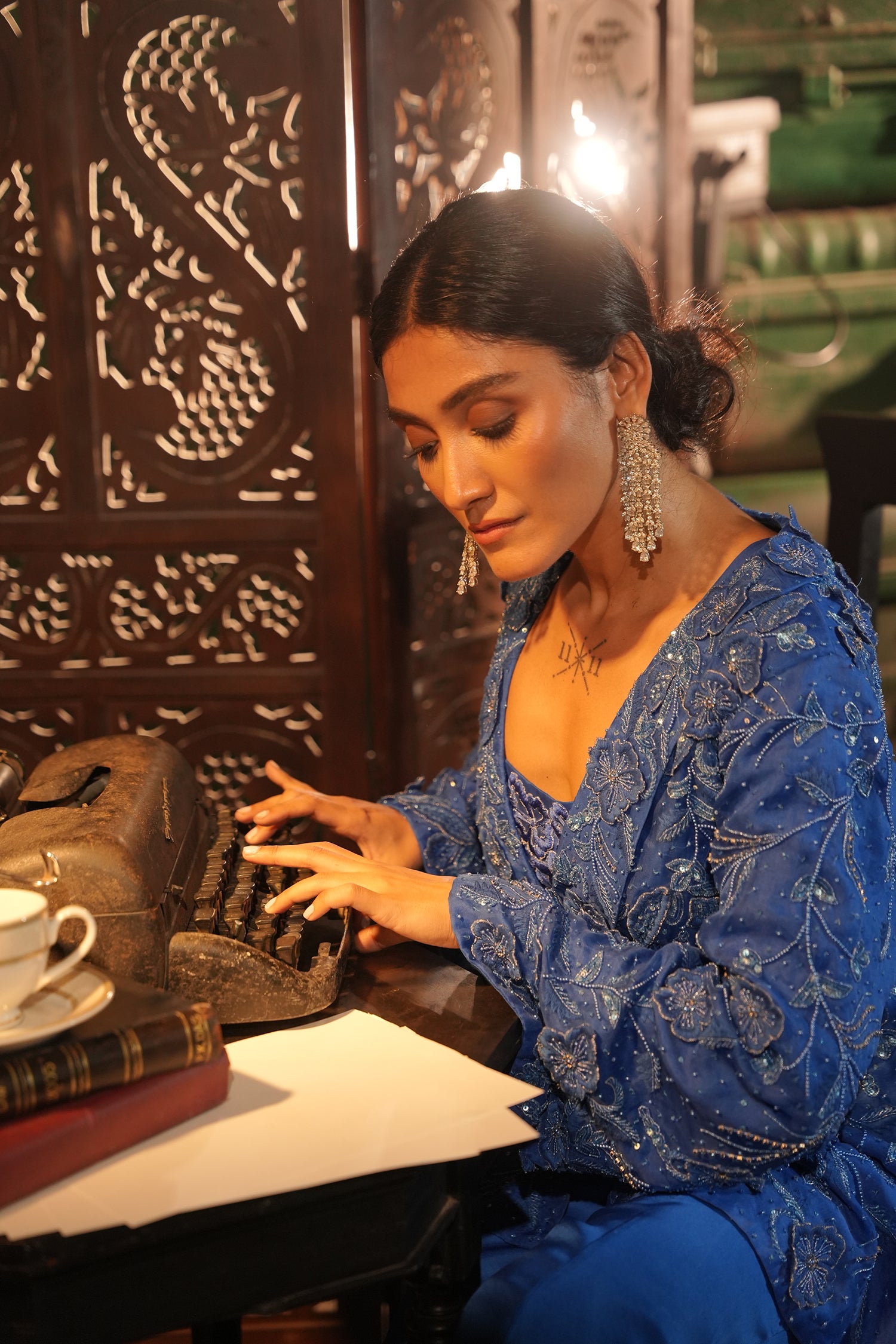 Faiza Blue Applique Emb Drape Skirt Set