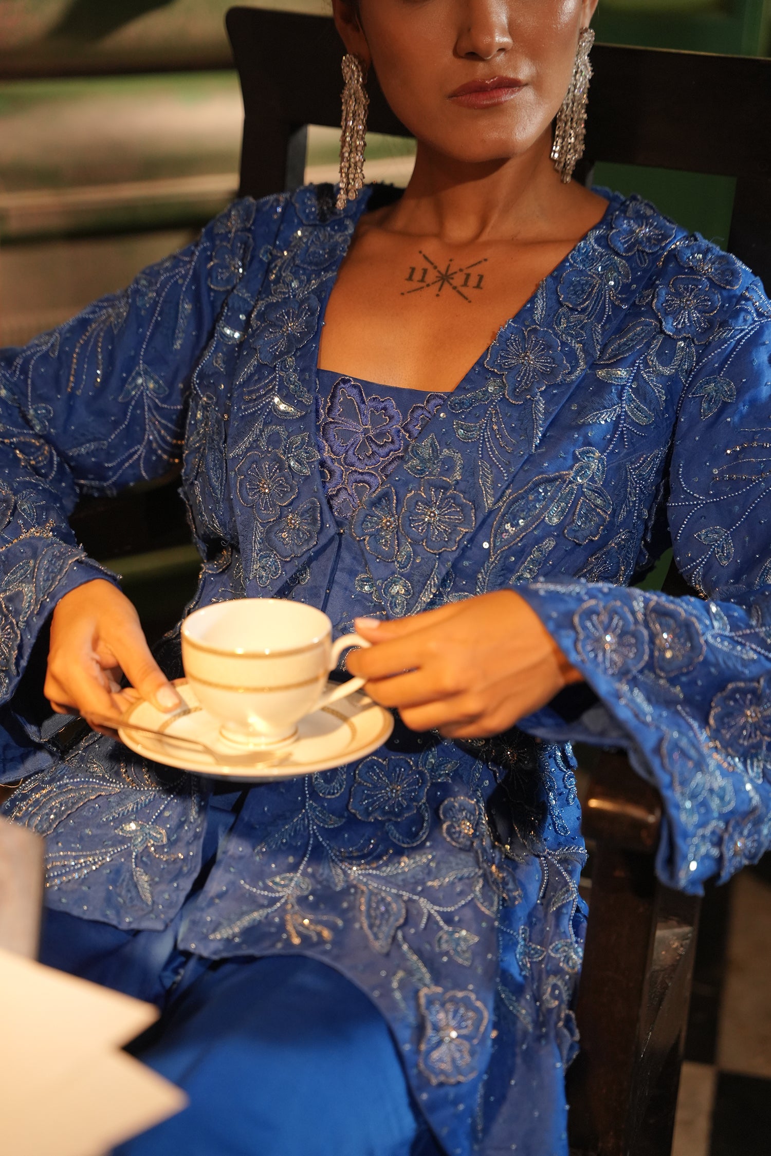 Faiza Blue Applique Emb Drape Skirt Set