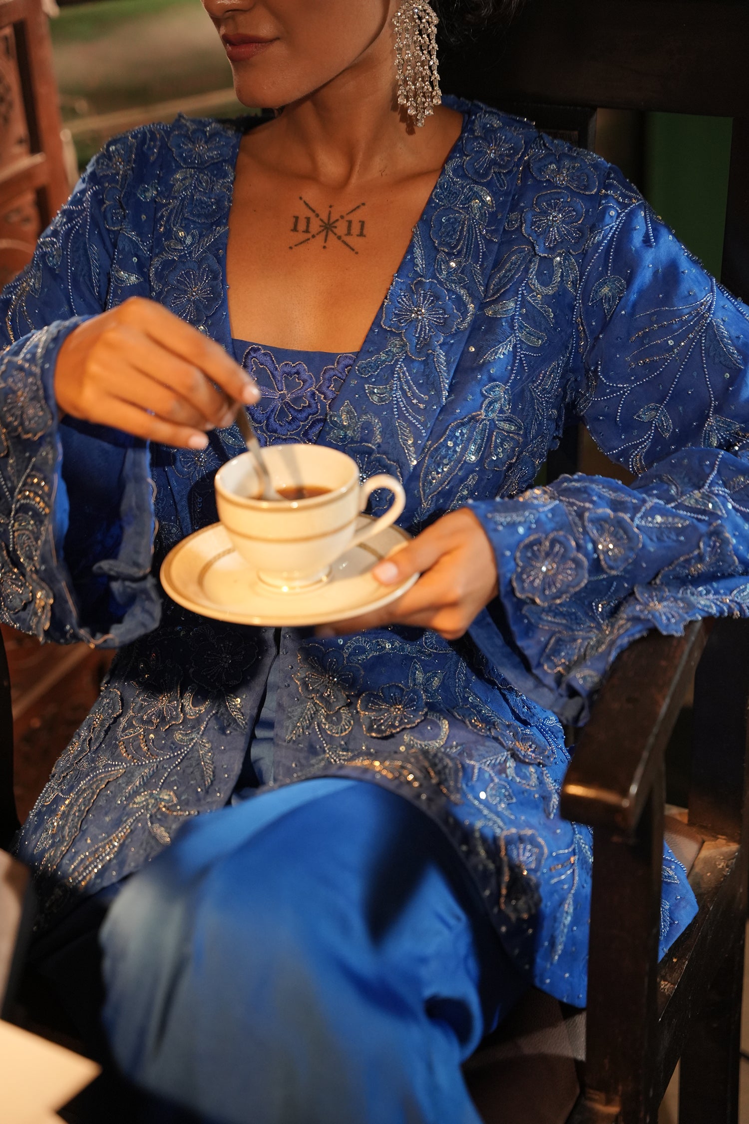 Faiza Blue Applique Emb Drape Skirt Set