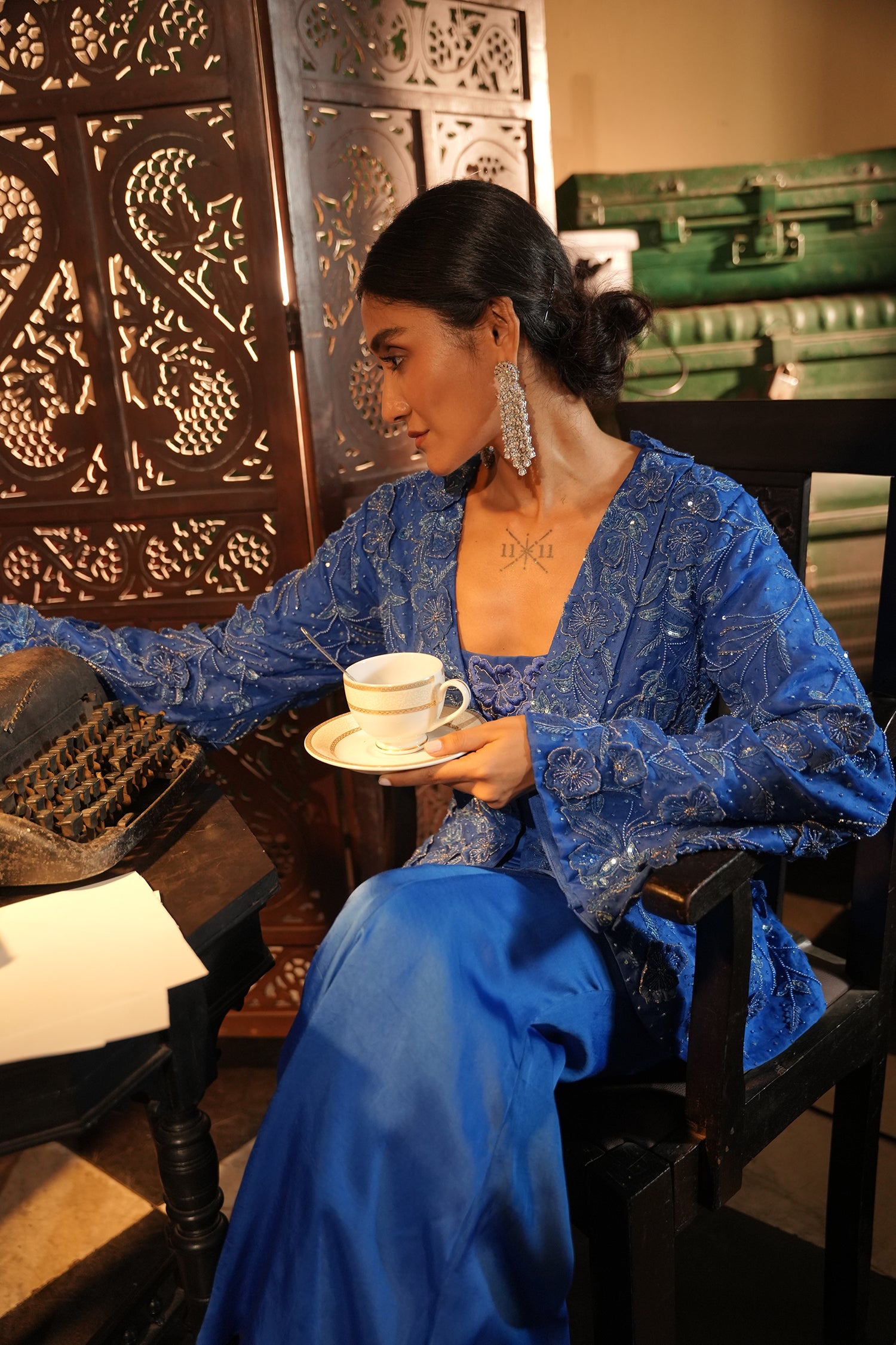 Faiza Blue Applique Emb Drape Skirt Set