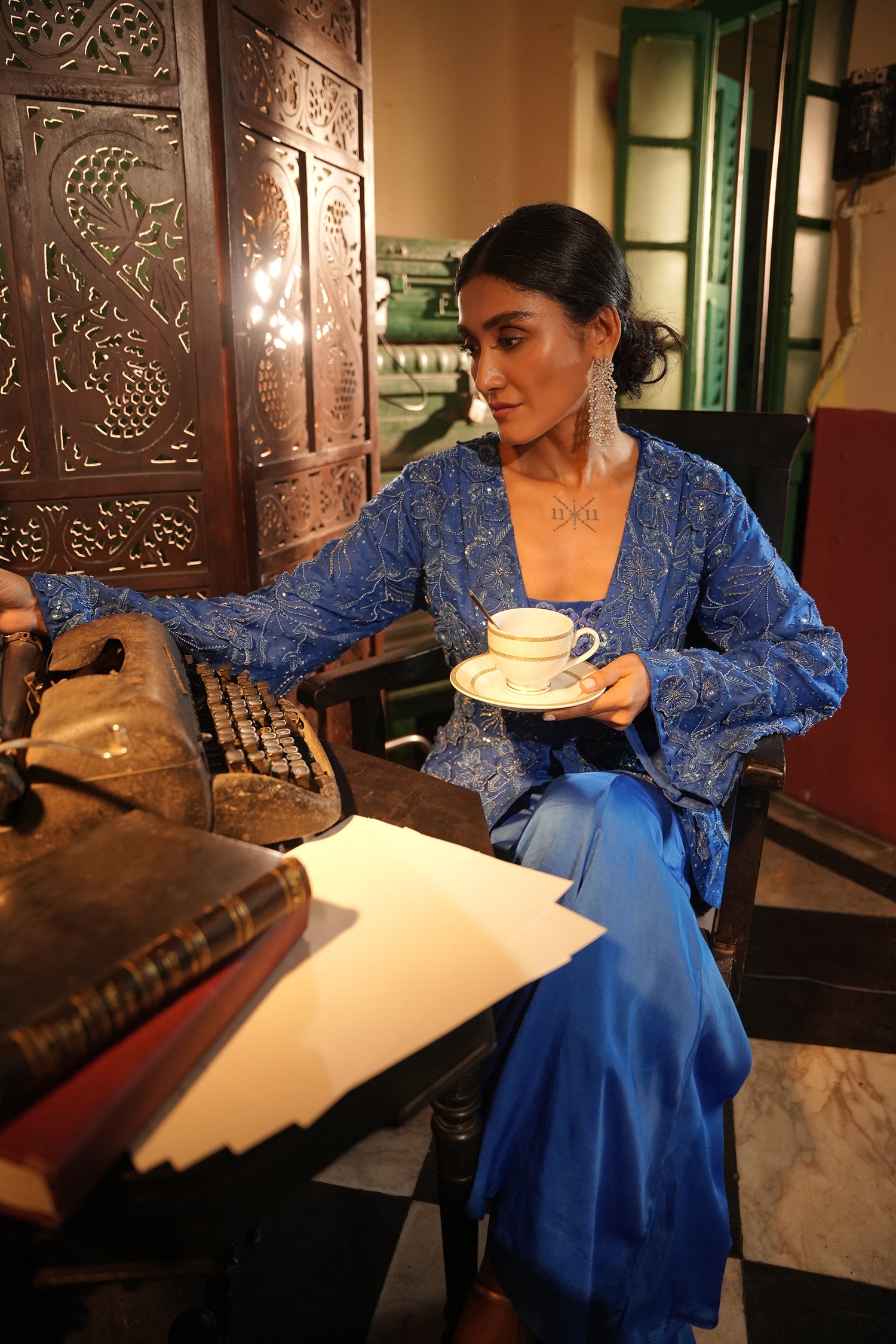 Faiza Blue Applique Emb Drape Skirt Set