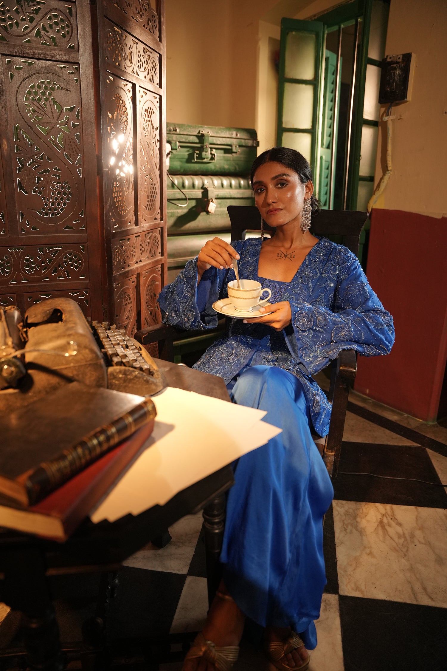 Faiza Blue Applique Emb Drape Skirt Set