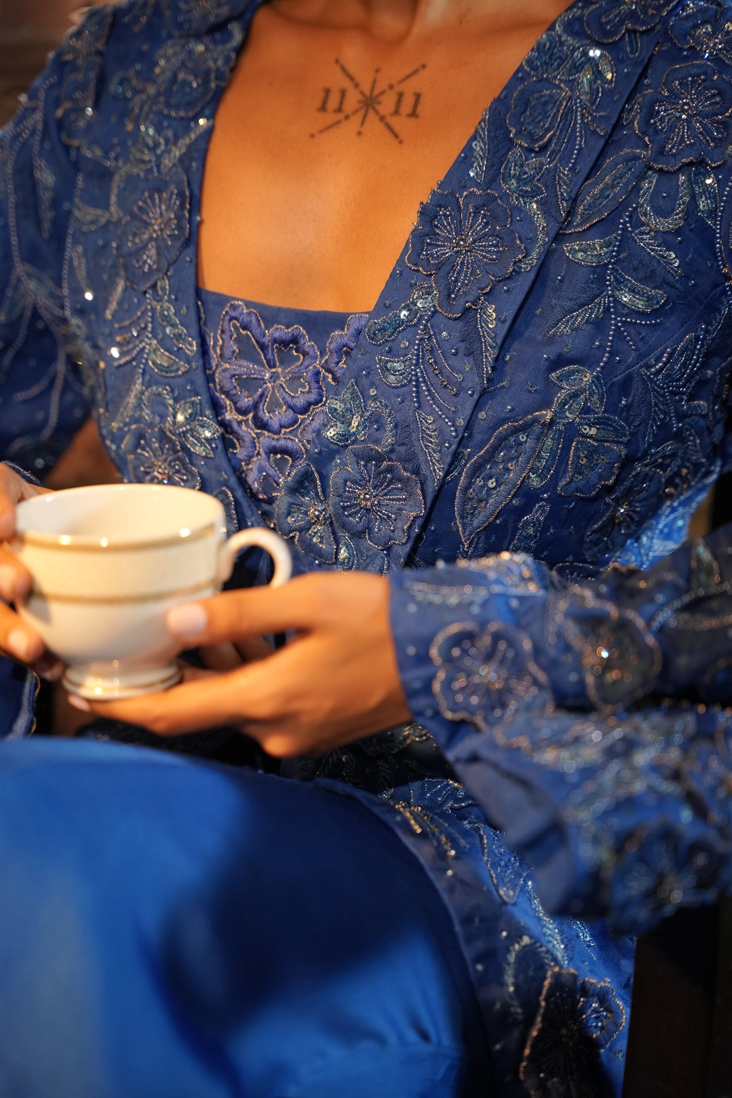 Faiza Blue Applique Emb Drape Skirt Set