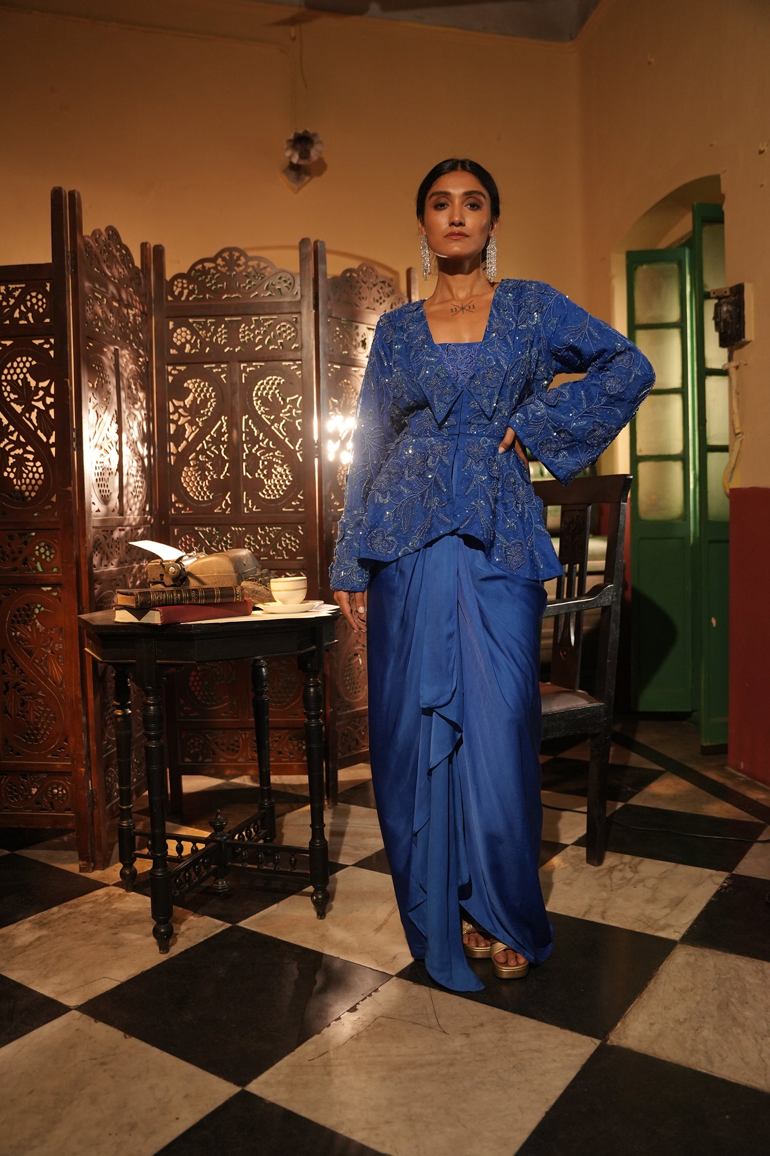 Faiza Blue Applique Emb Drape Skirt Set