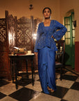 Faiza Blue Applique Emb Drape Skirt Set