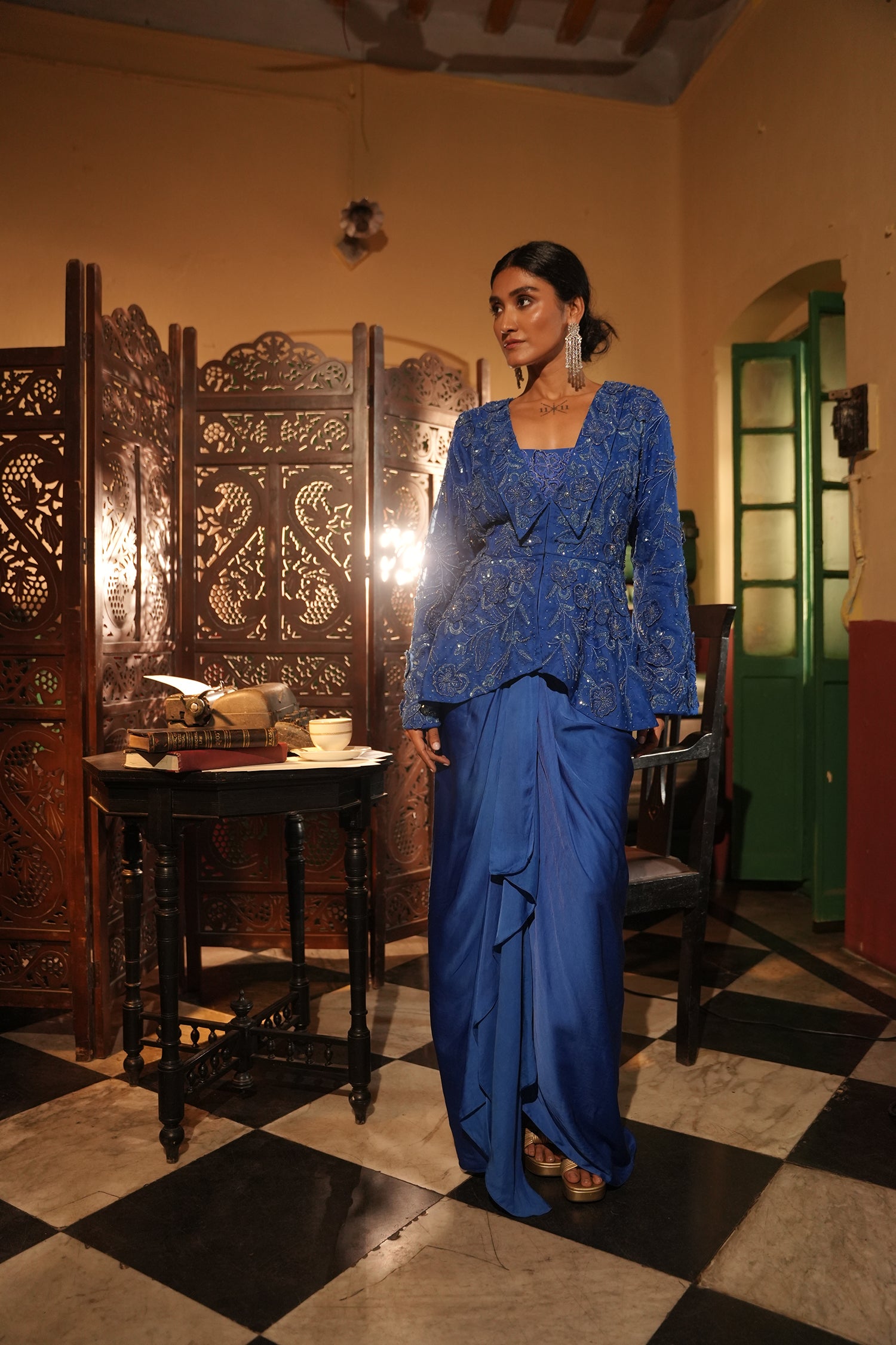 Faiza Blue Applique Emb Drape Skirt Set
