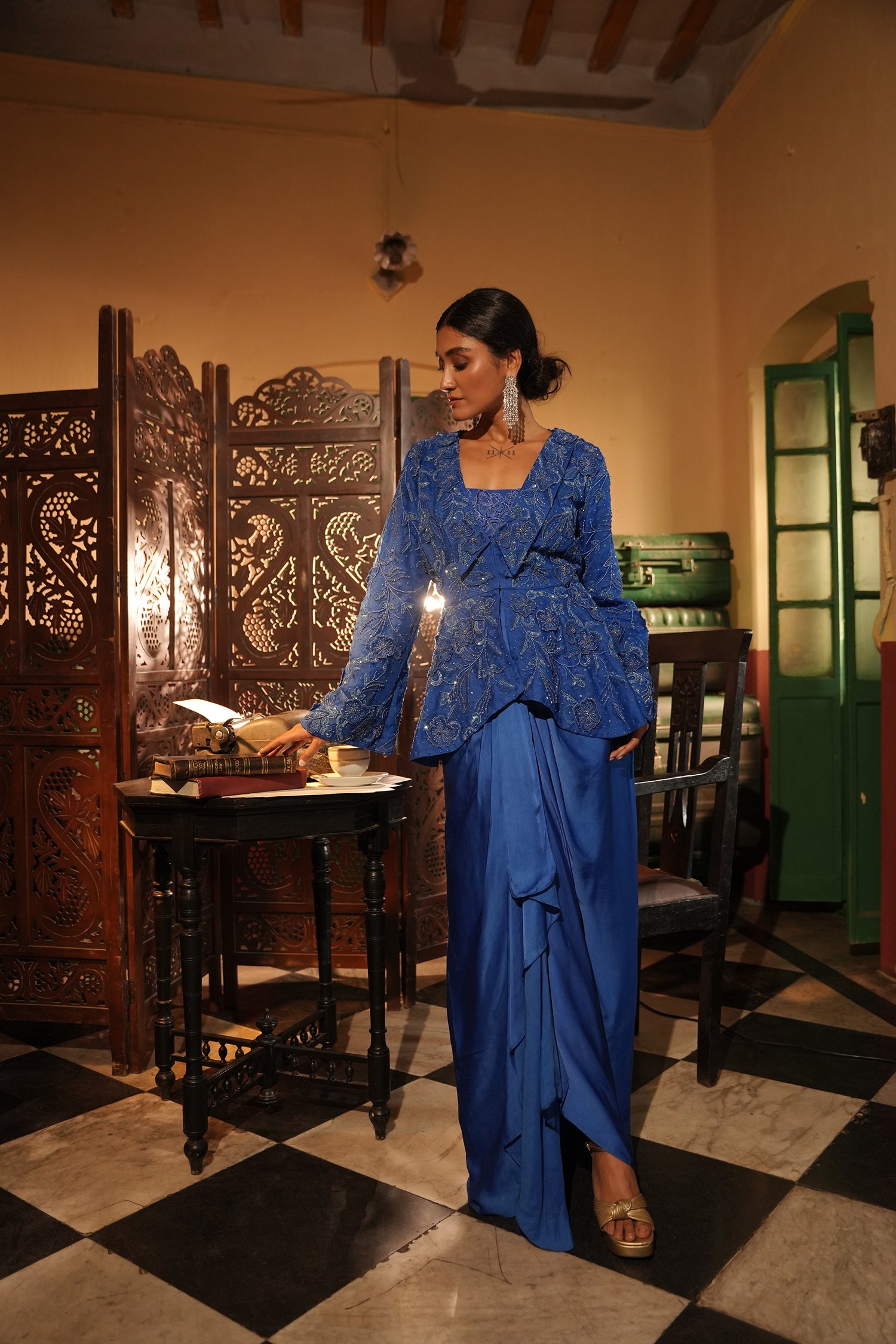Faiza Blue Applique Emb Drape Skirt Set