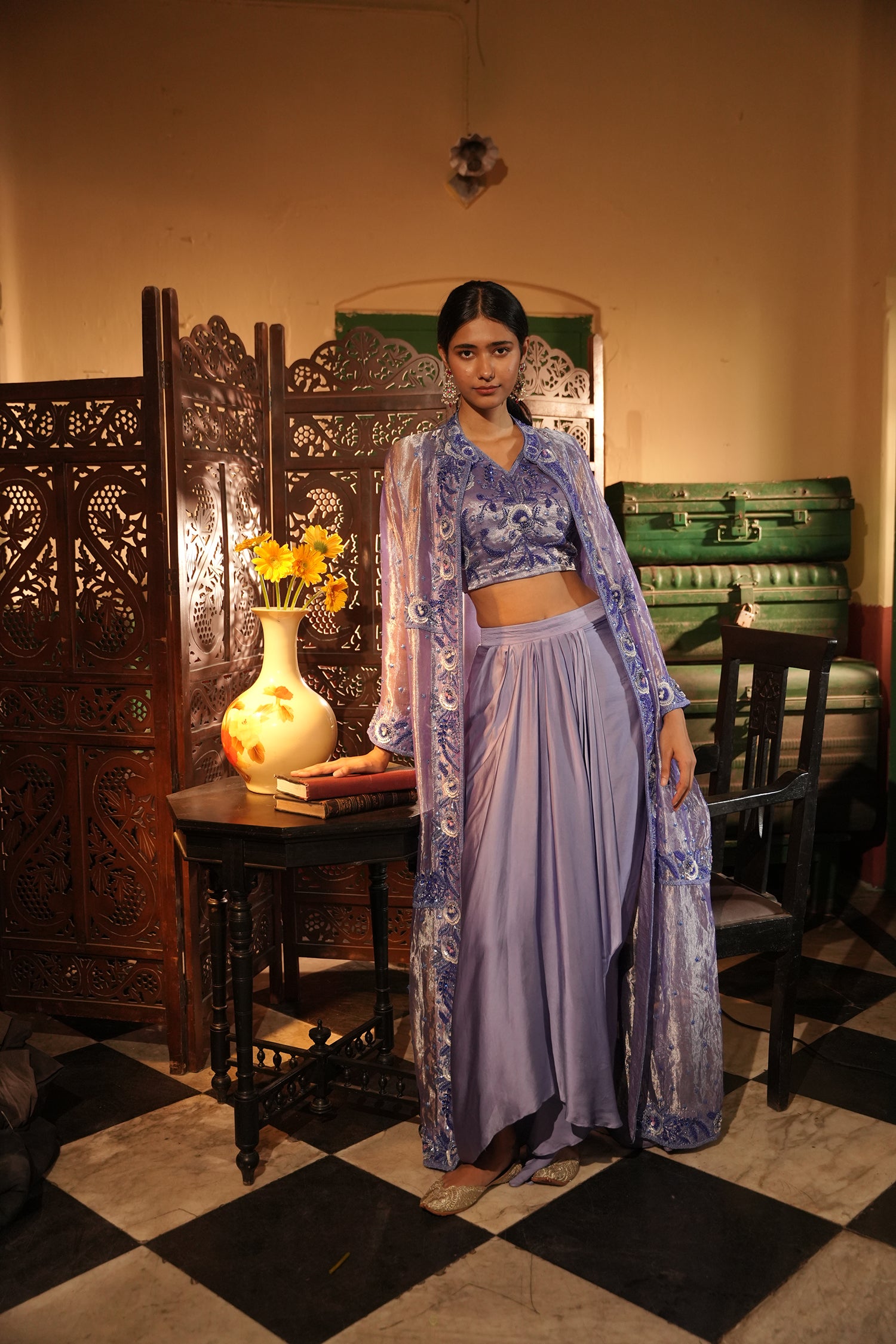 Insha Purple Silk Tissue Jacket Set