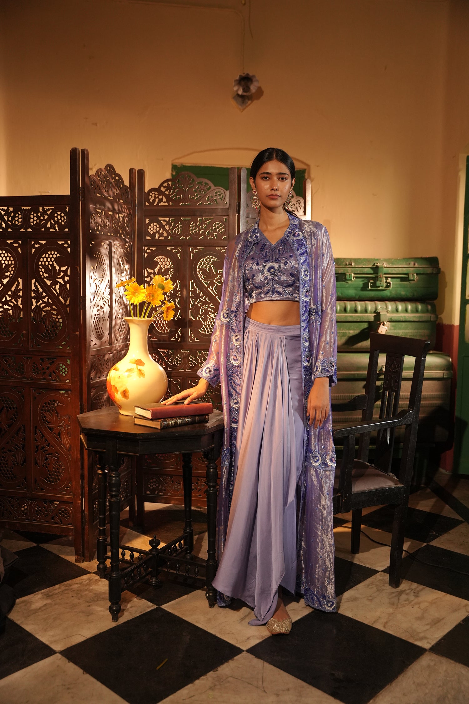 Insha Purple Silk Tissue Jacket Set