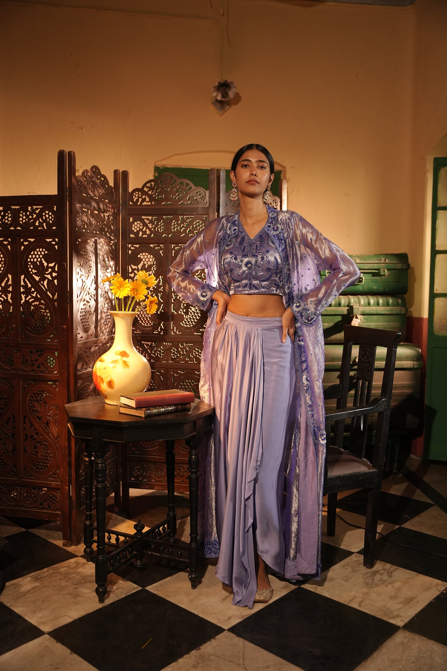 Insha Purple Silk Tissue Jacket Set