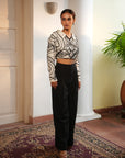 TT White With Black Pearl Crop Top With Pants