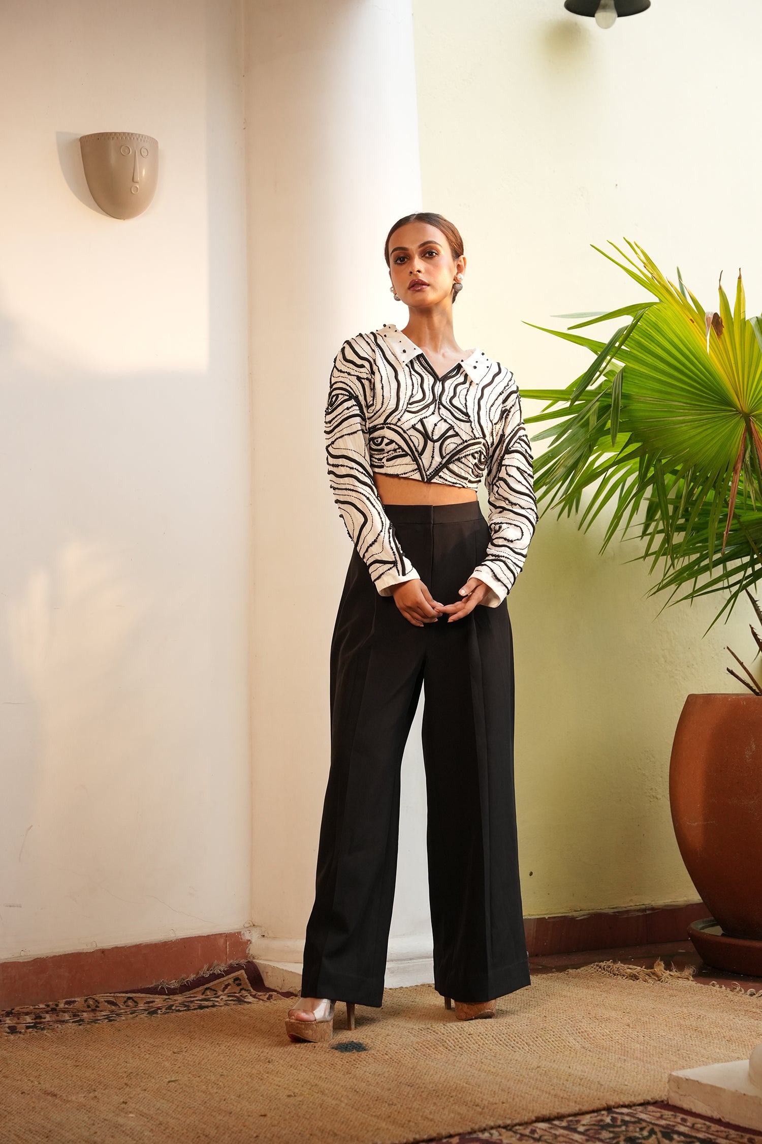 TT White With Black Pearl Crop Top With Pants