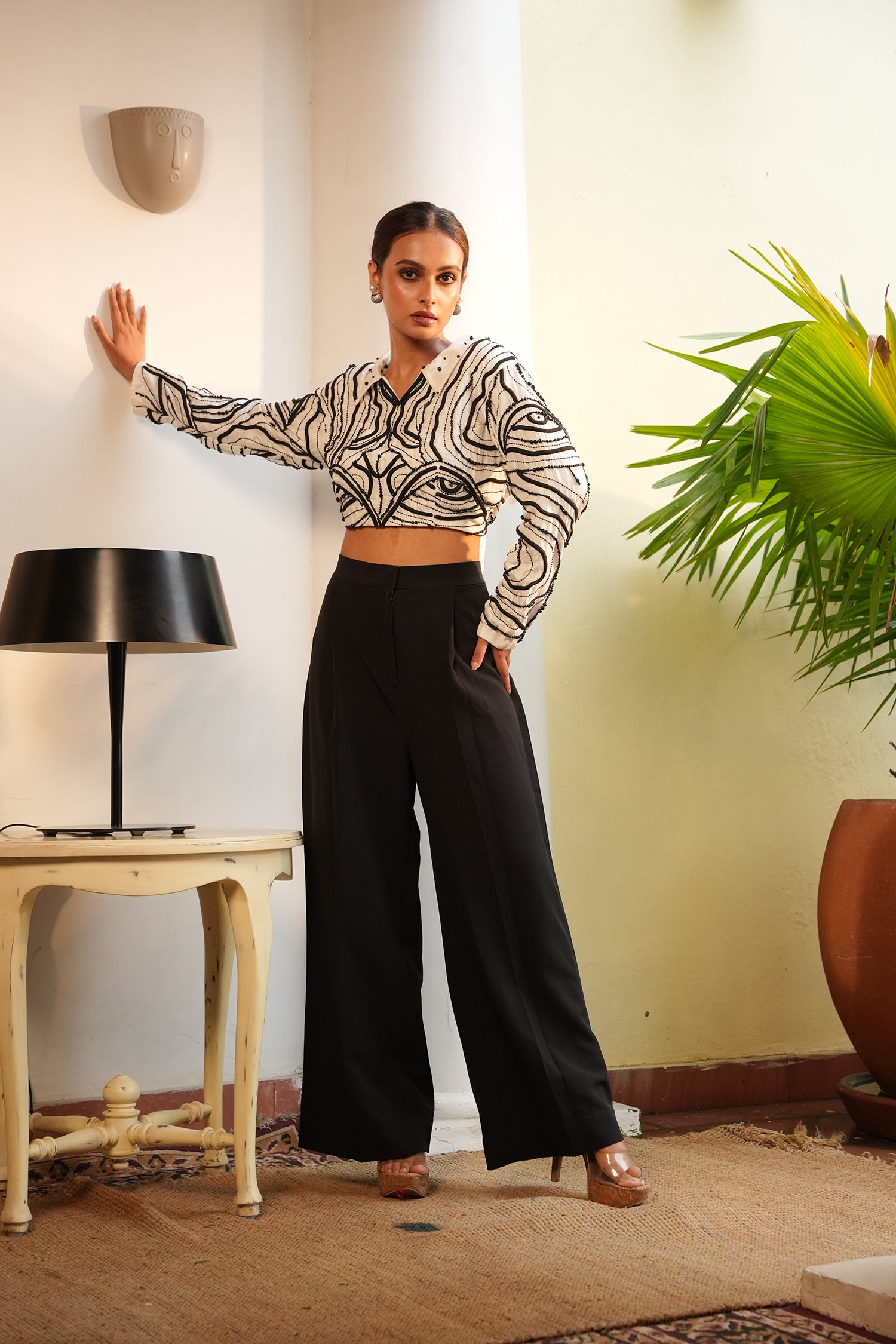 TT White With Black Pearl Crop Top With Pants