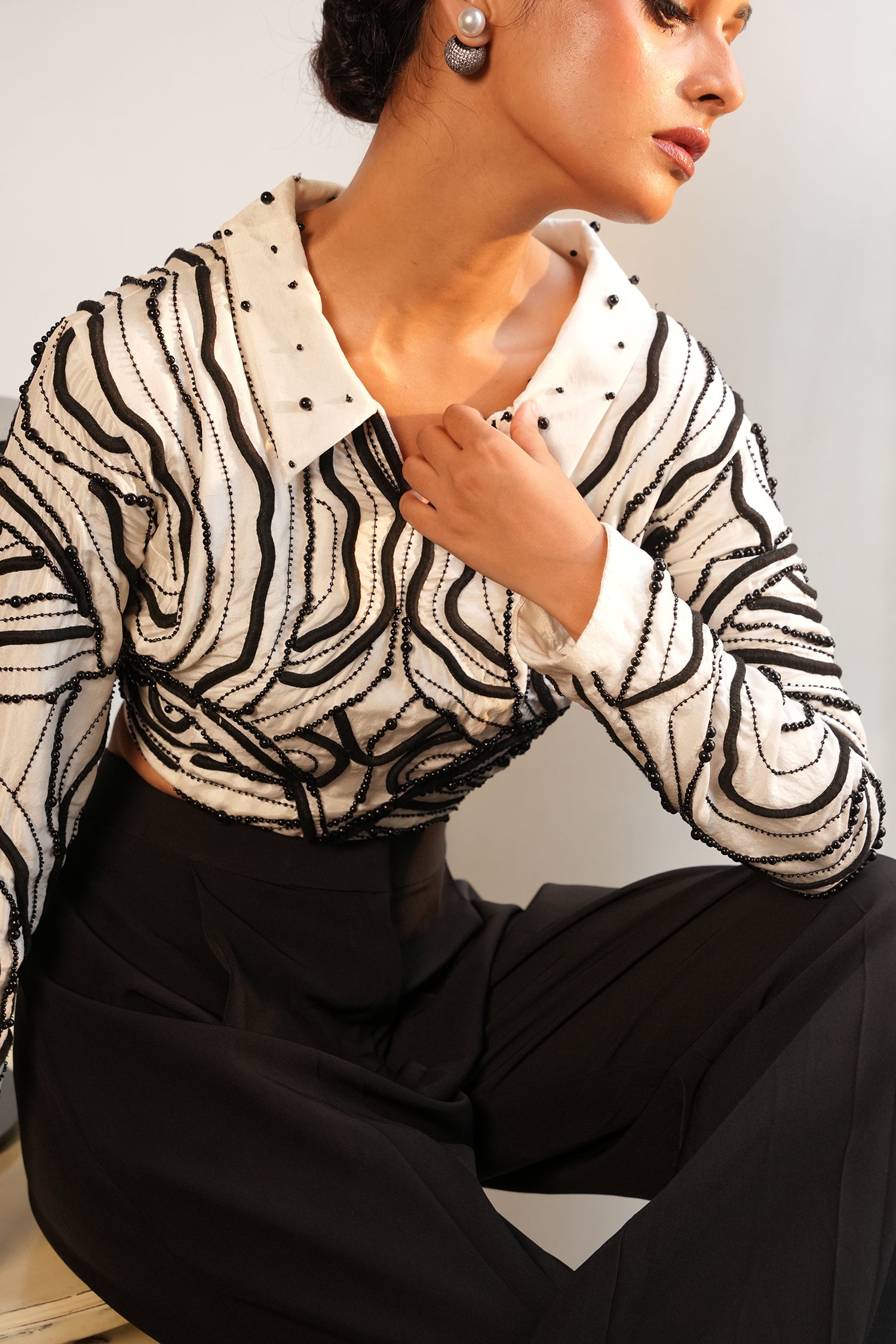 TT White With Black Pearl Crop Top With Pants