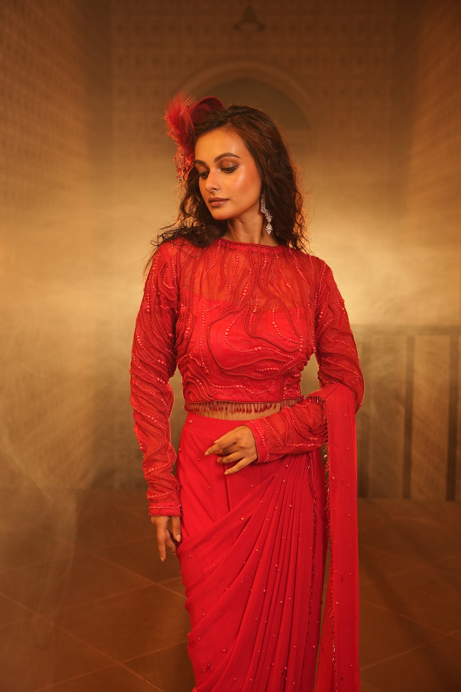 TT Red Blouse With Drape Saree