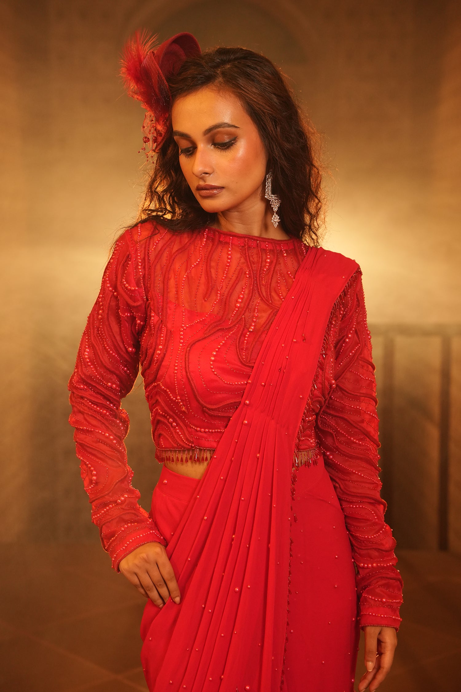 TT Red Blouse With Drape Saree