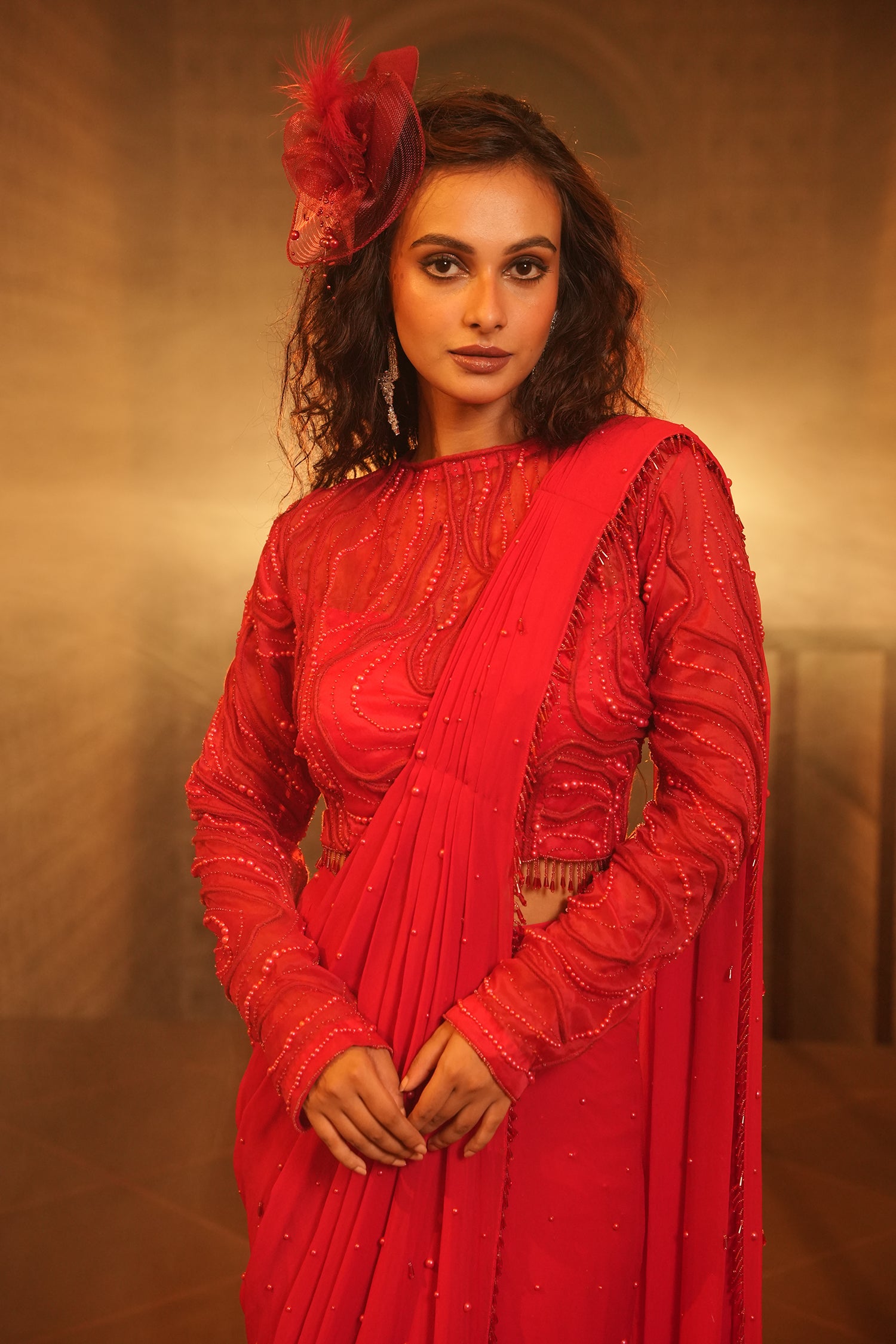 TT Red Blouse With Drape Saree