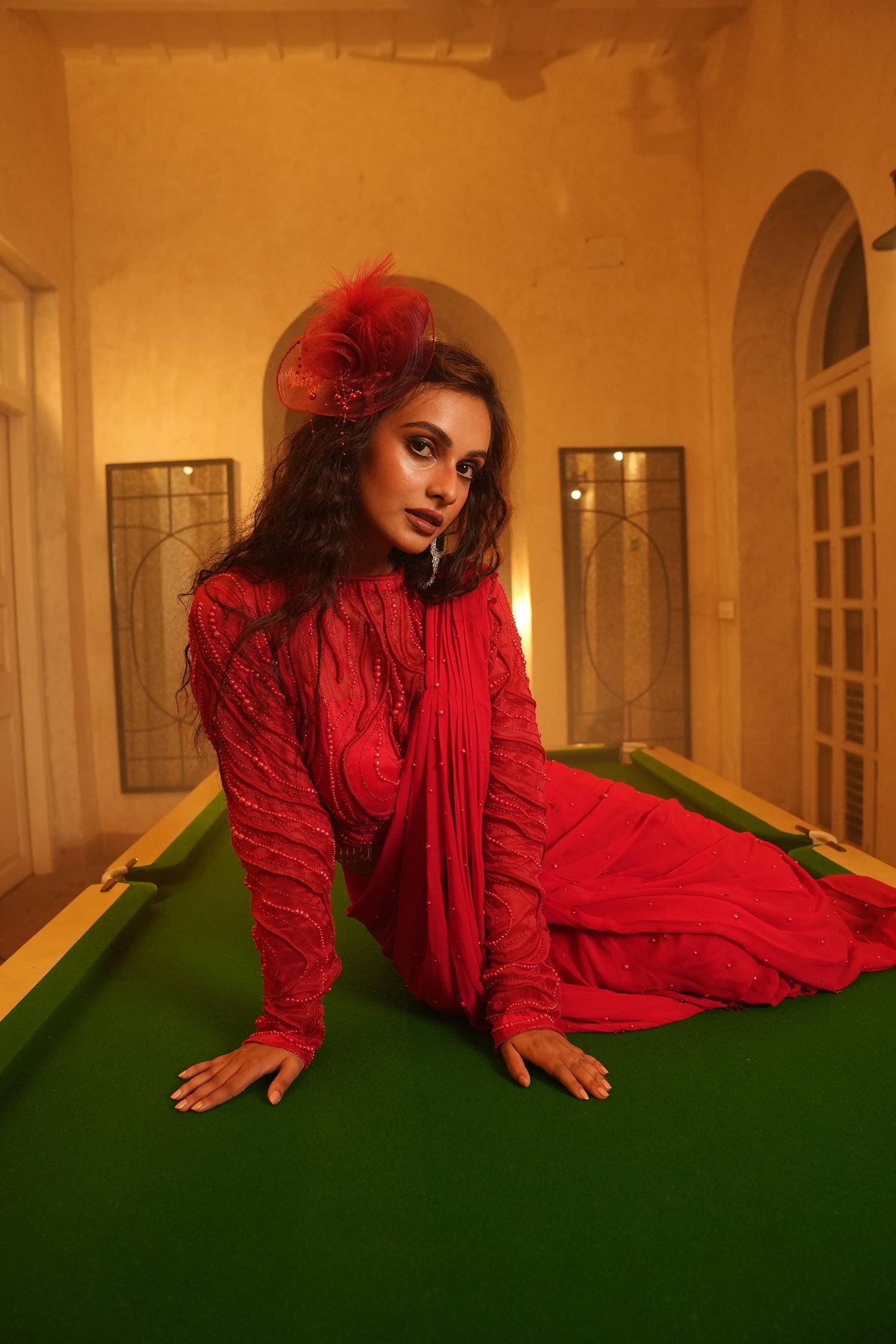 TT Red Blouse With Drape Saree