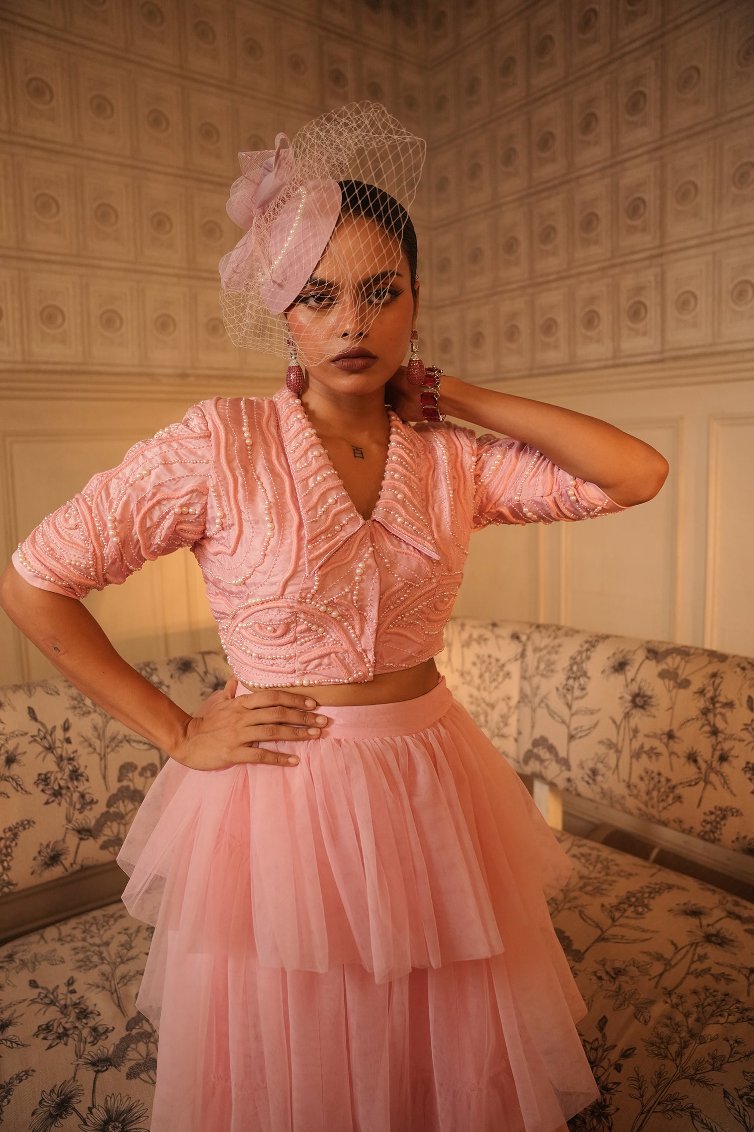 TT Lapel Collar Crop Top With Frill Skirt