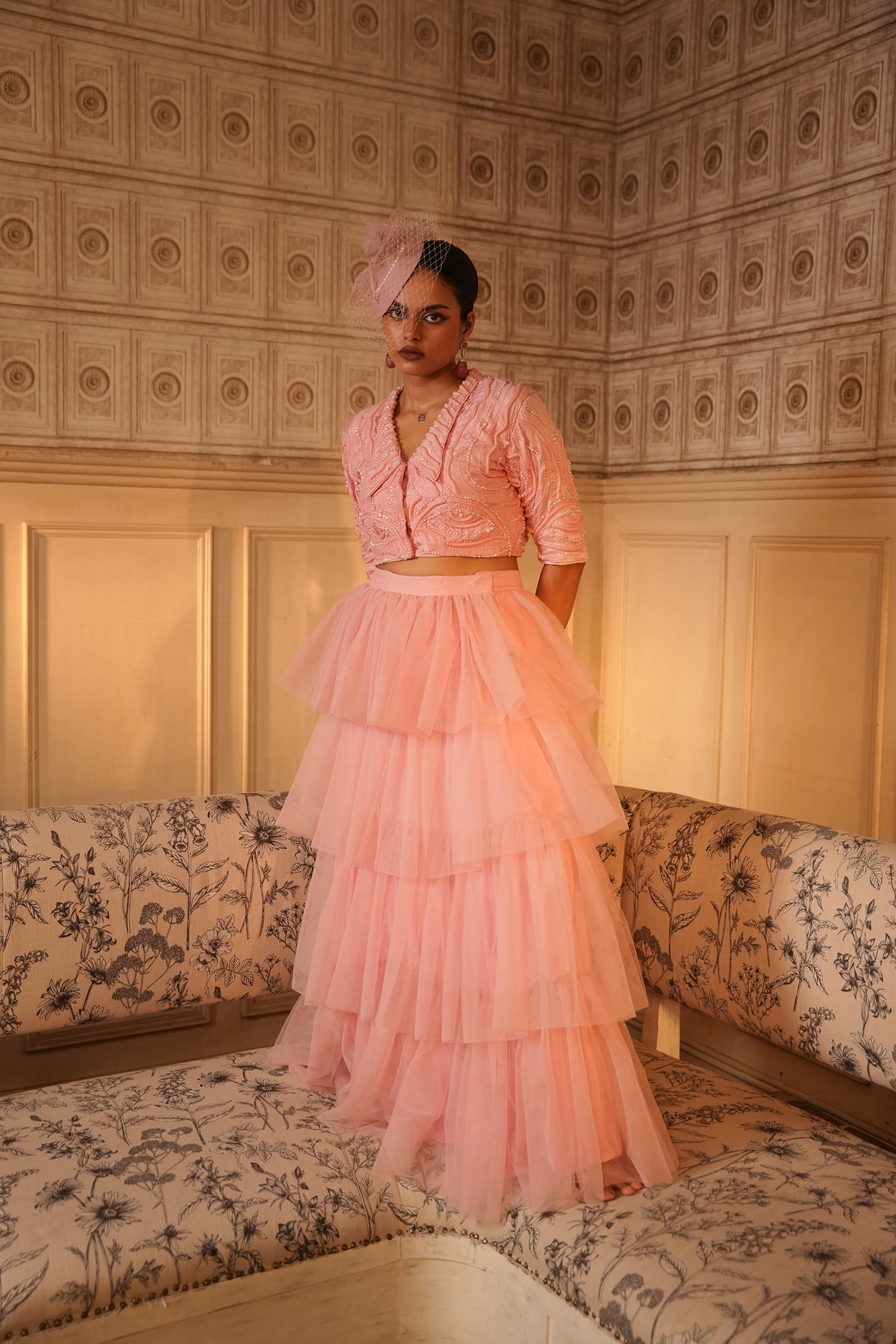 TT Lapel Collar Crop Top With Frill Skirt