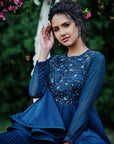 Sequin and Thread Embroidered Crop Top and Flared Pants Fusion Set