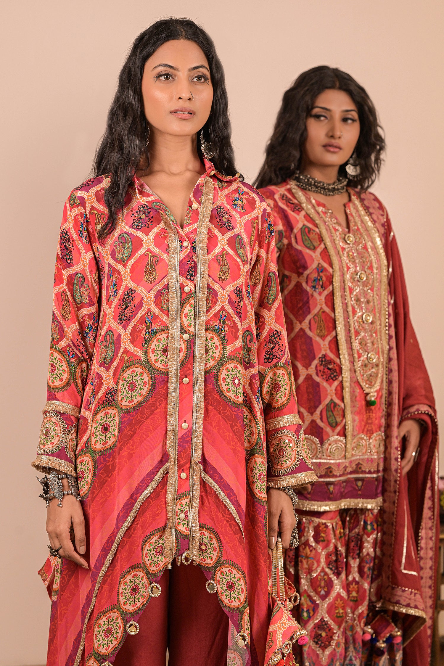 Persian Red Asymmetric Hem Kurta Set in Crepe Fabric with Canvas tote bag