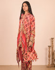Persian Red Asymmetric Hem Kurta Set in Crepe Fabric with Canvas tote bag