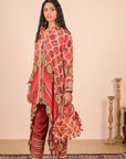 Persian Red Asymmetric Hem Kurta Set in Crepe Fabric with Canvas tote bag