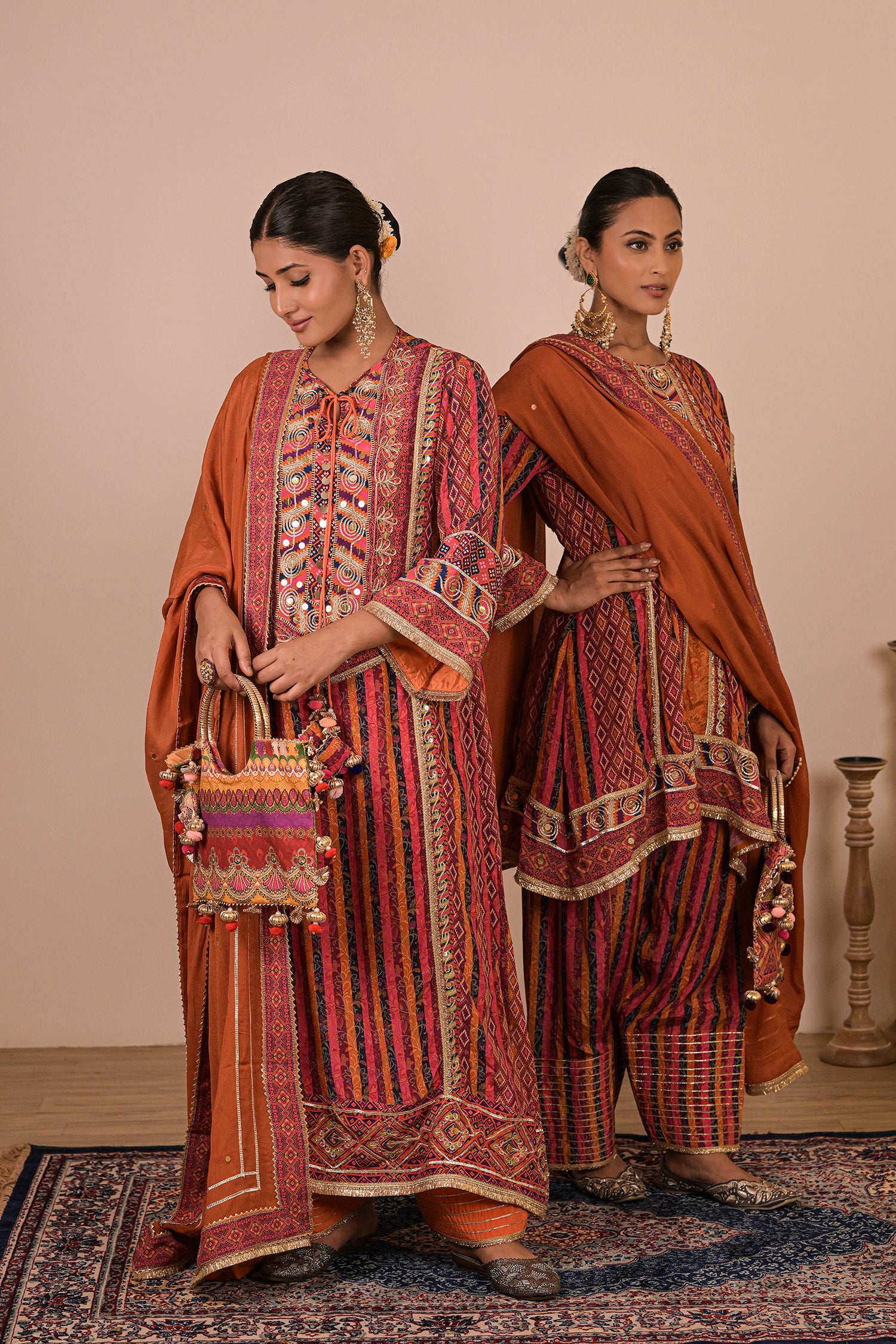 Orange Crepe Suit Set with Farsi Salwar with Canvas tote bag
