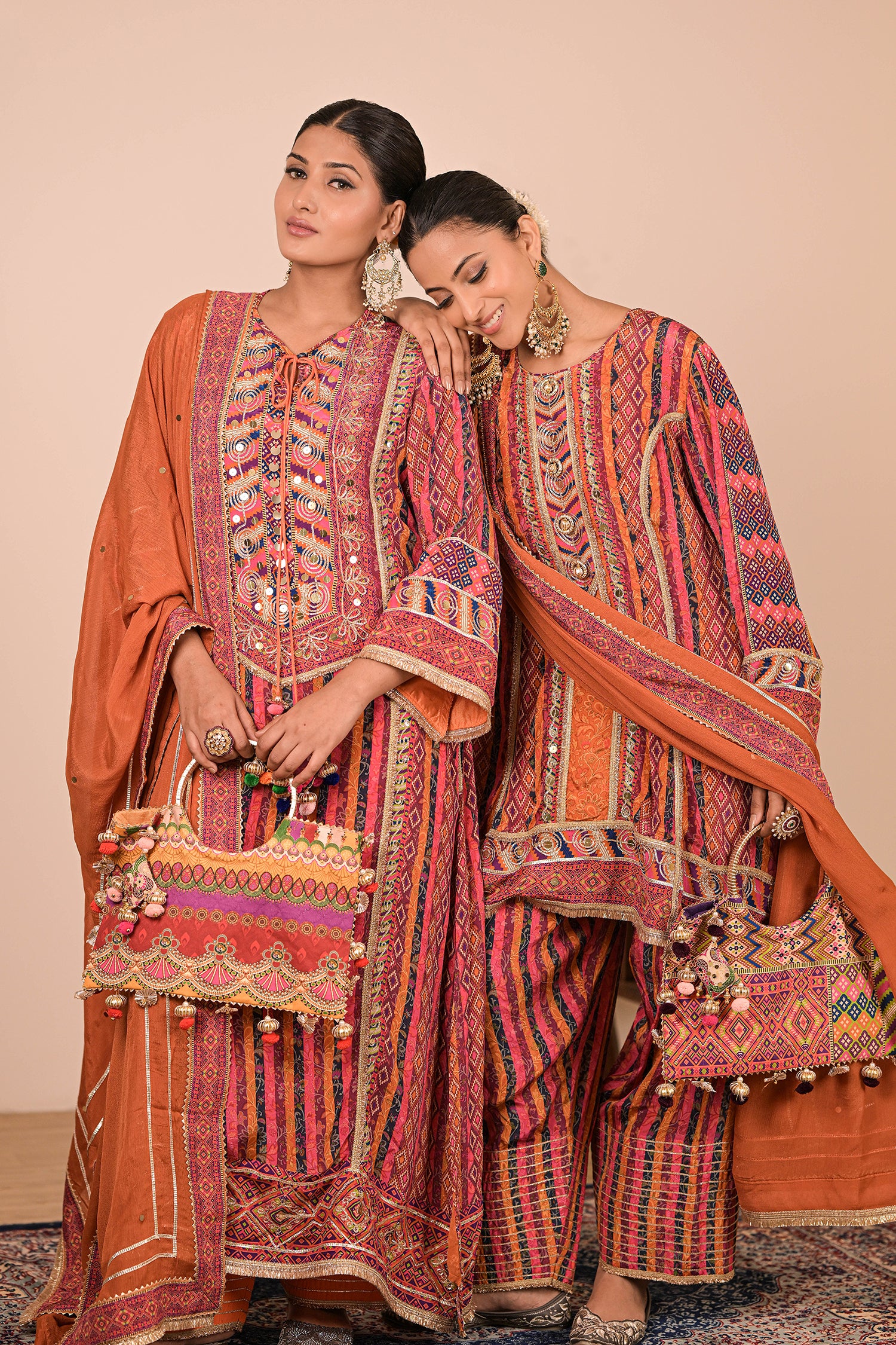 Orange Crepe Suit Set with Farsi Salwar with Canvas tote bag