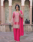 Rani Pink Brocade Kurti Pant Set Indian Party Outfit