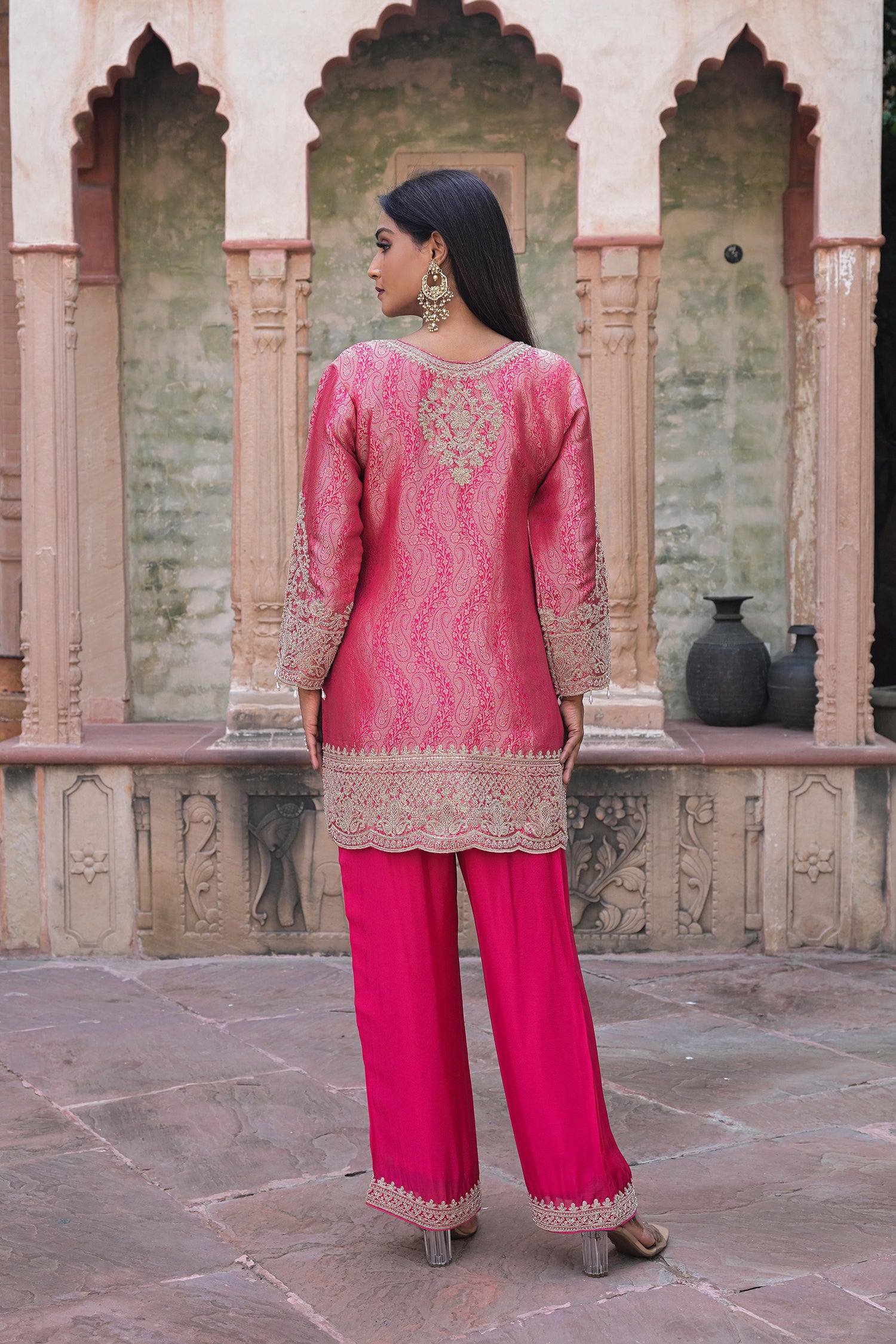 Rani Pink Brocade Kurti Pant Set Indian Party Outfit