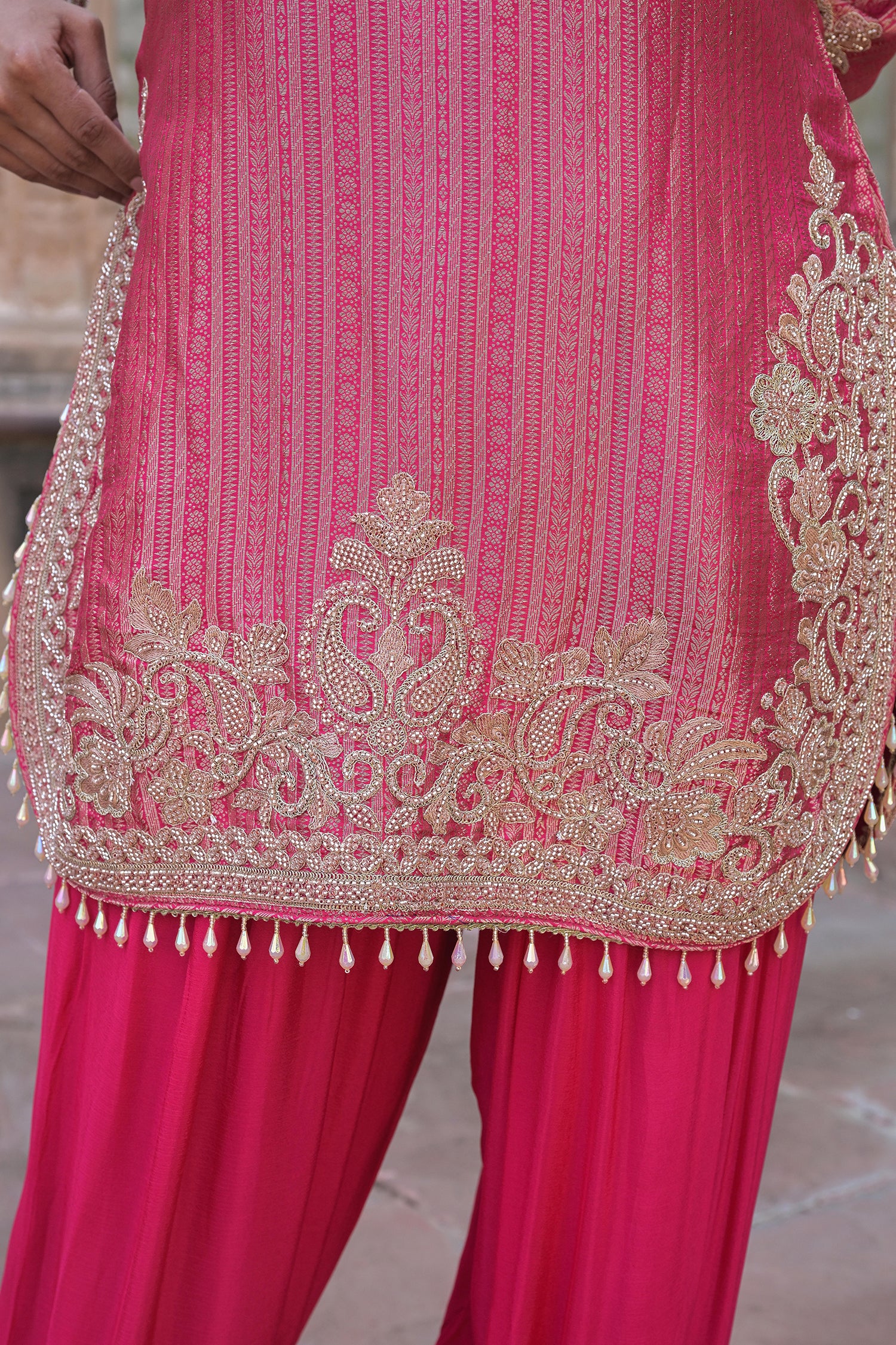 Rani Pink Brocade Kurti Plazzo Set Ethnic Party Look